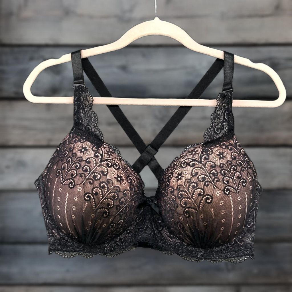 Vintage Prima Valentina Plunge Bra Lace Layer Black Blush Pink 40DD Racerback Lined Underwired T-Shirt Bra Womens Size ONE SIZE - 1 Thumbnail