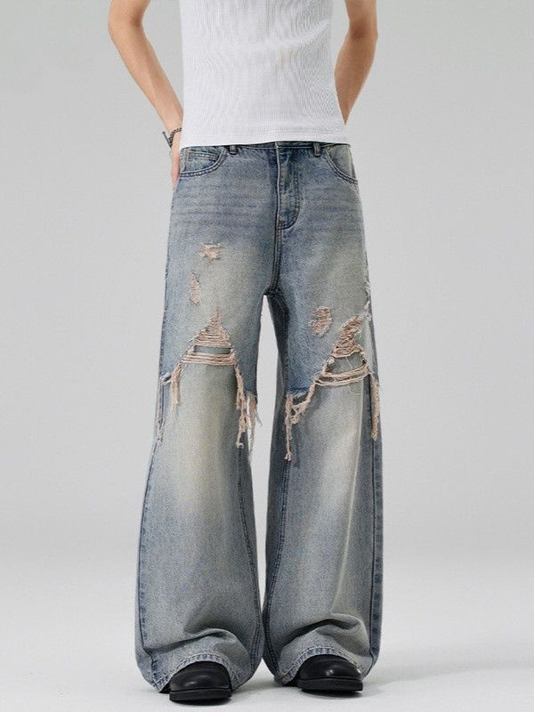 Vintage American high street ripped straight leg loose jeans Size US 32 / EU 48 - 1 Thumbnail