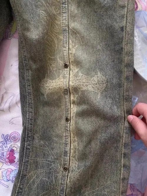 Designer washed flared printed jeans | Grailed