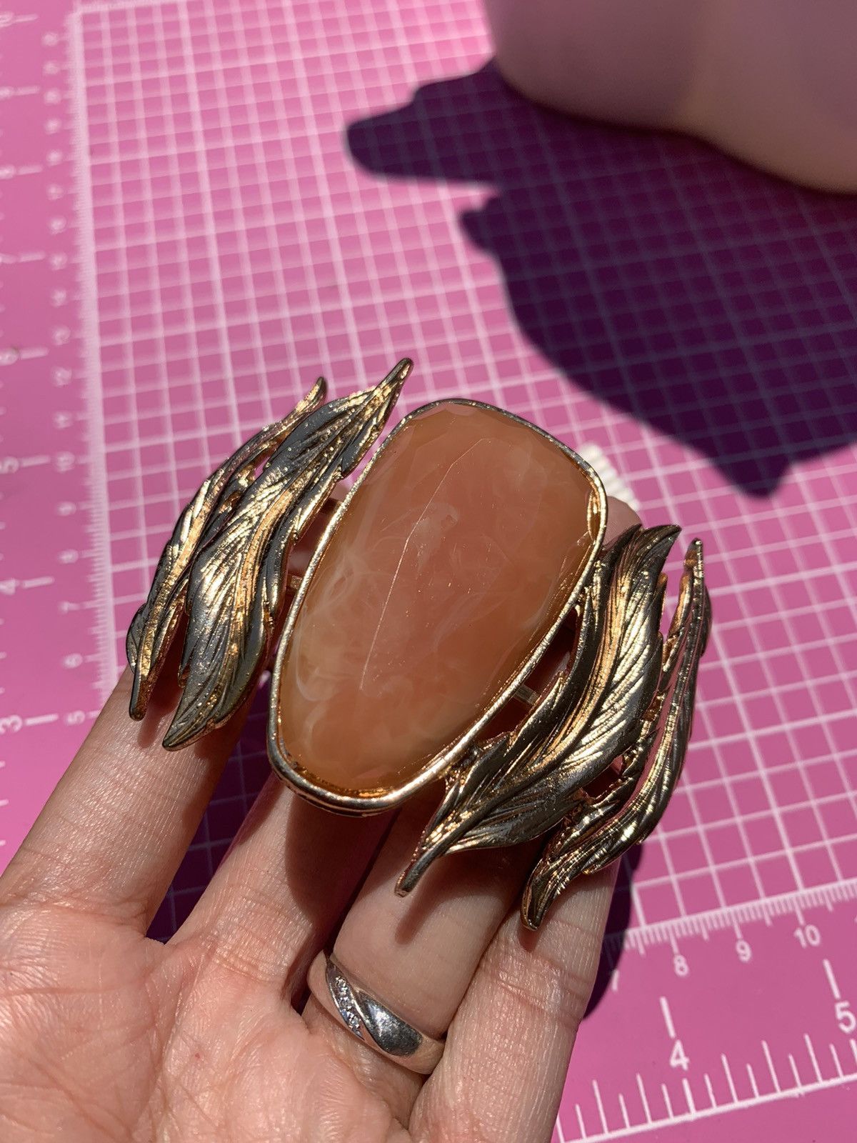 Designer Nadri Gold Leaves Orange Resin Pendant Hinged Wide Cuff Size ONE SIZE - 4 Thumbnail