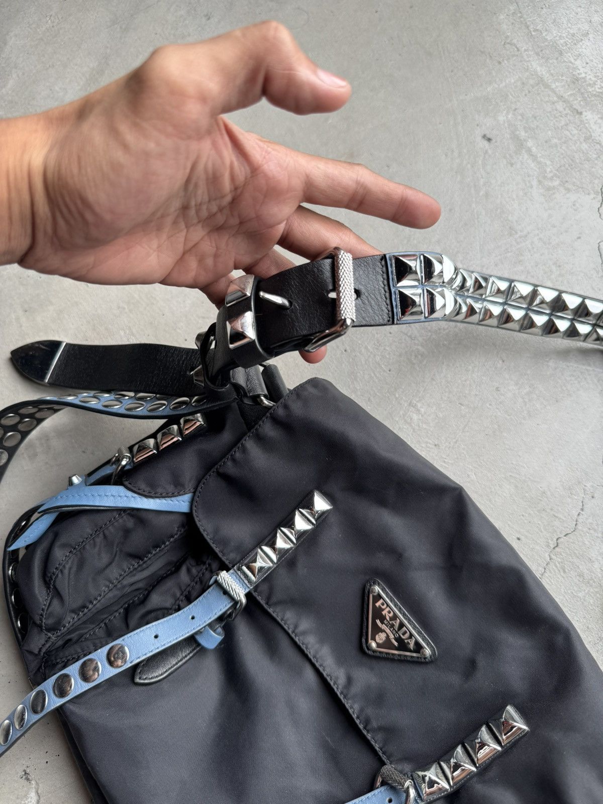 Prada Prada Black/Blue Nylon and Leather New Vela Studded Size ONE SIZE - 5 Thumbnail