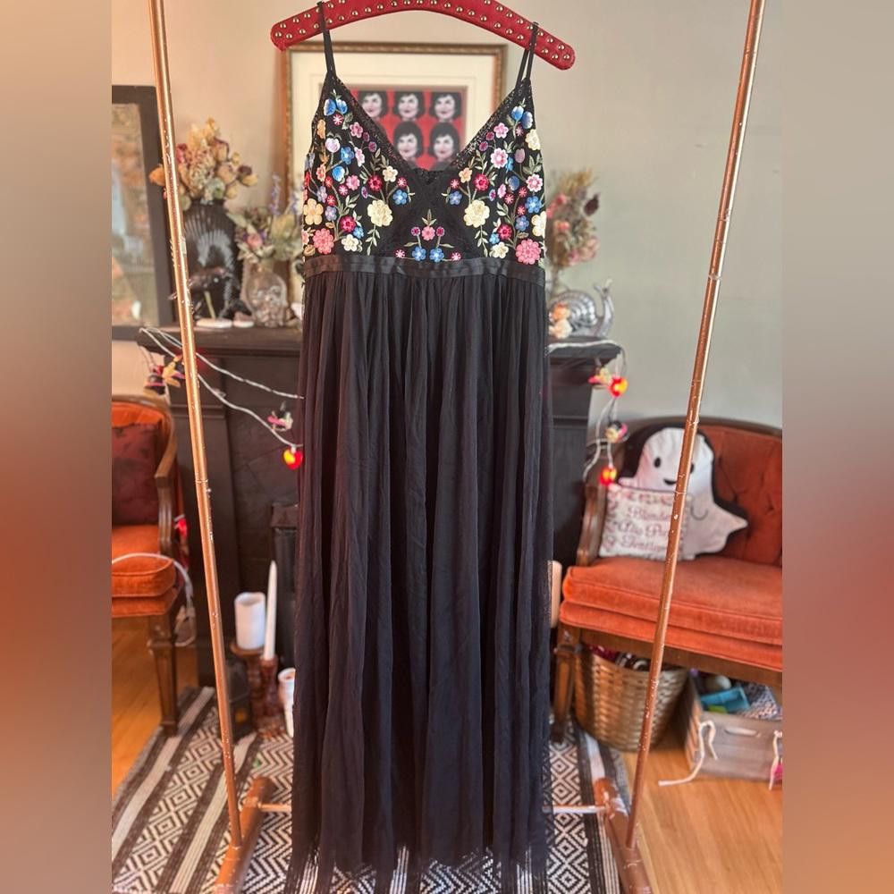 Designer Needle & Thread Flower Foliage Maxi Arya Dress Black Tulle Size XL / US 12-14 / IT 48-50 - 2 Thumbnail