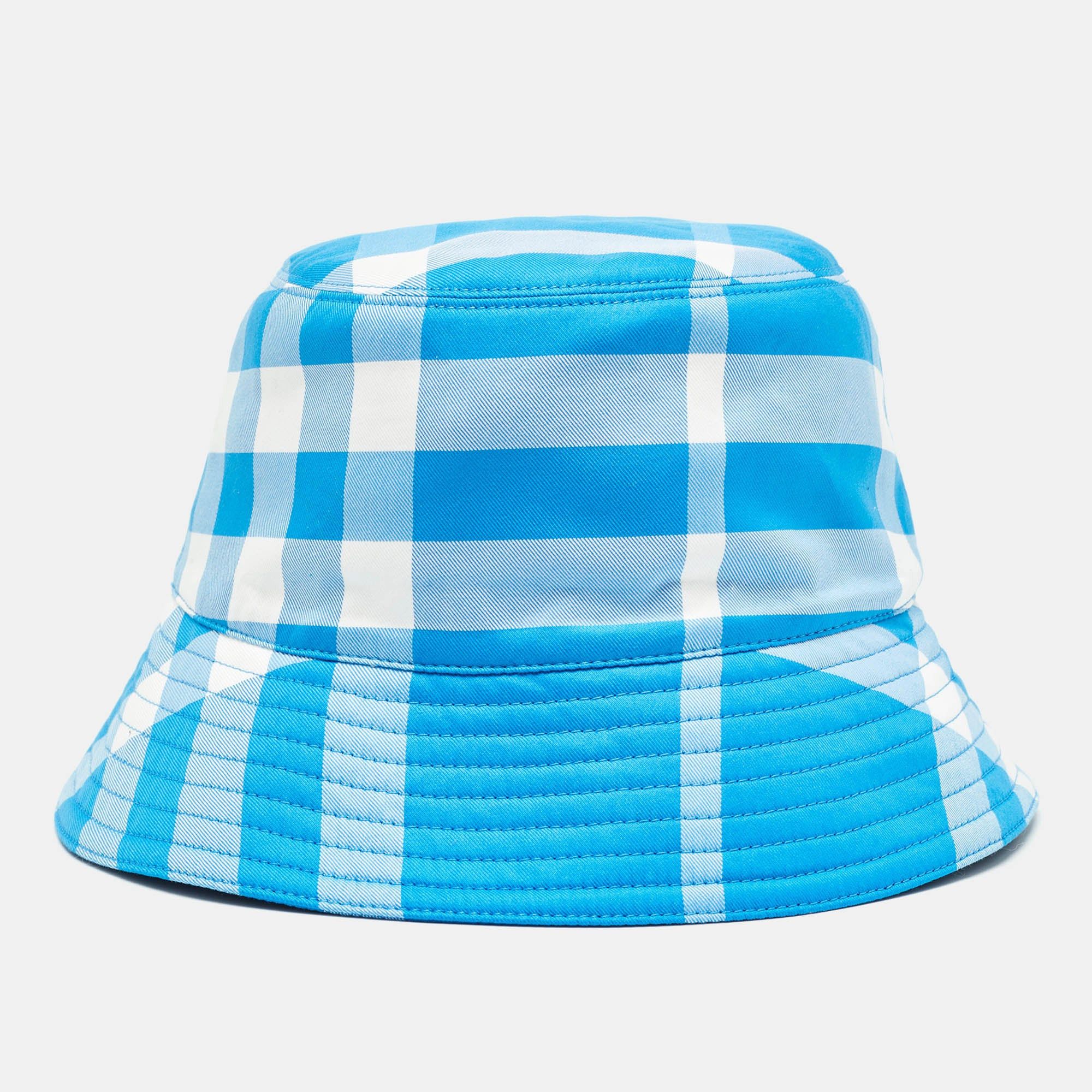 image of Burberry Cotton Checked Bucket Hat M in Blue, Women's