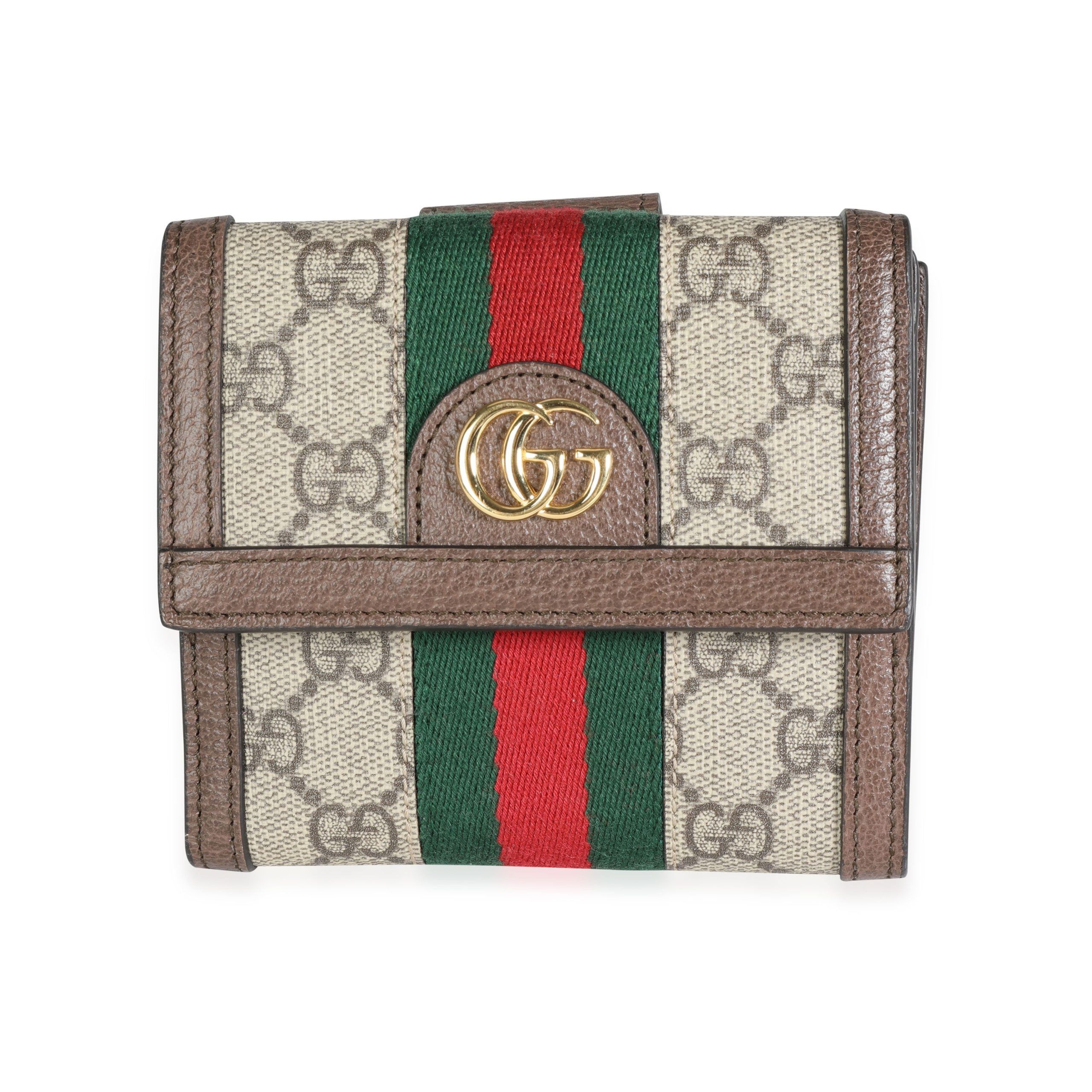 image of Gucci GG Supreme & Web Ophidia French Flap Wallet in Brown, Women's