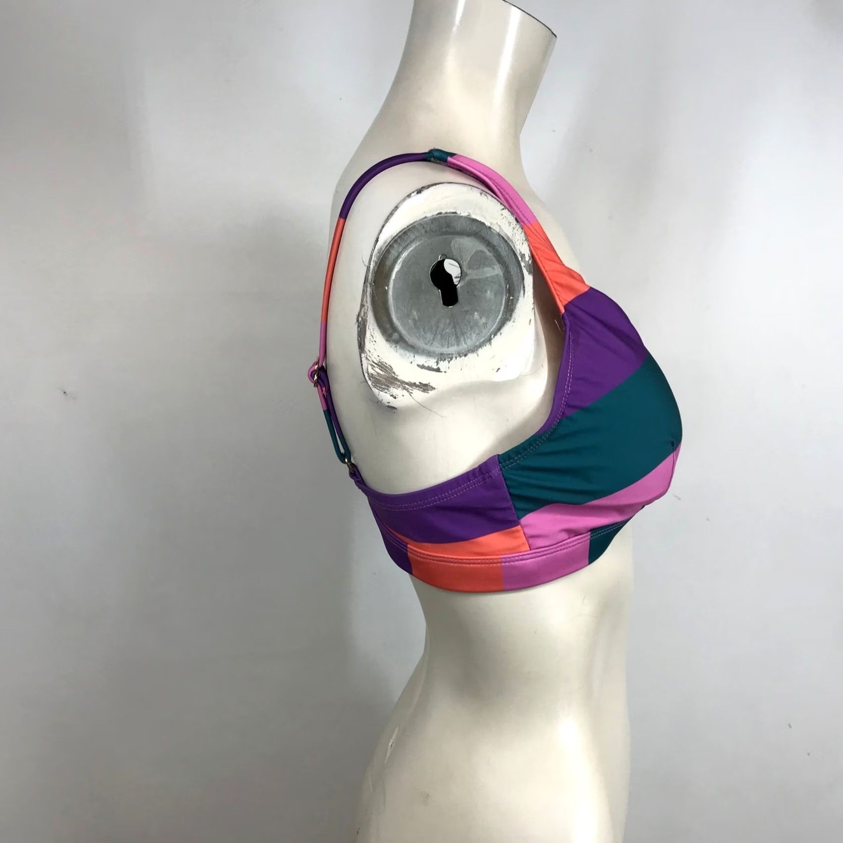 Vintage ModCloth Bikini Top MEDIUM Pink Orange Purple Teal Striped Triangle Size M / US 6-8 / IT 42-44 - 4 Thumbnail