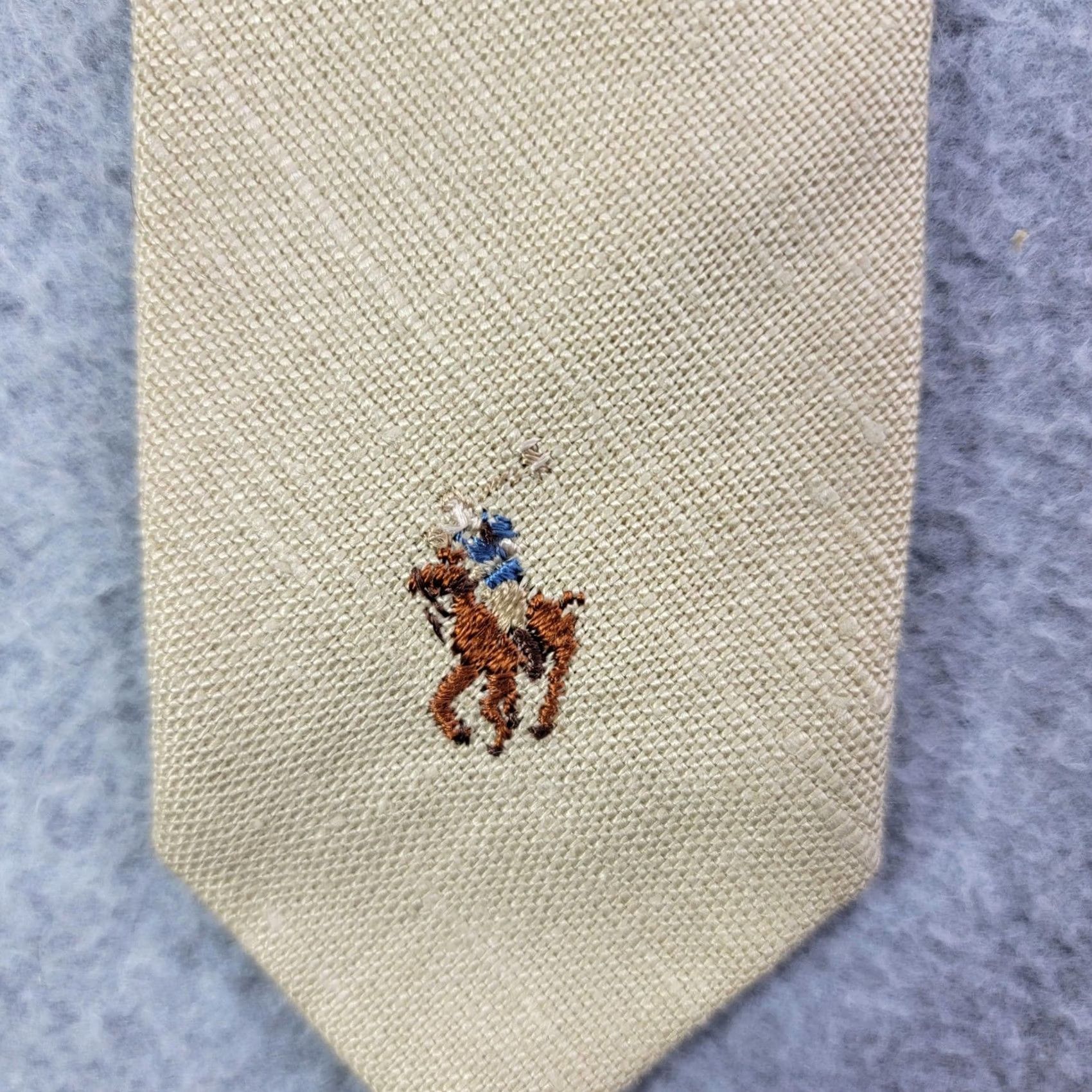 Polo Ralph Lauren Polo By Ralph Lauren Tie Mens One Size Beige Linen Skinny Slim Embroidered Logo Size US M / EU 48-50 / 2 - 2 Thumbnail