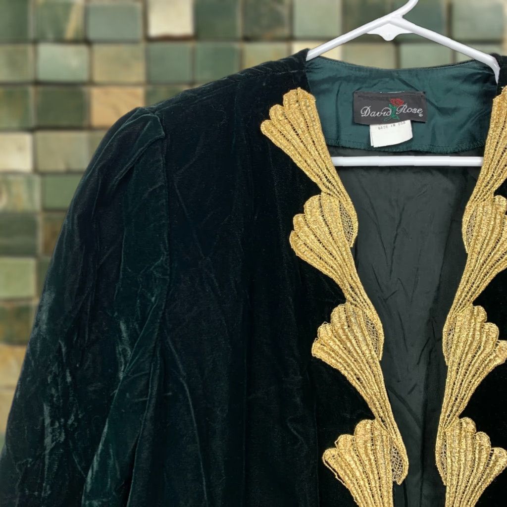 Vintage VINTAGE David Rose Green Velvet Gold Embellished Open Front Cardigan Large Size L / US 10 / IT 46 - 1 Thumbnail