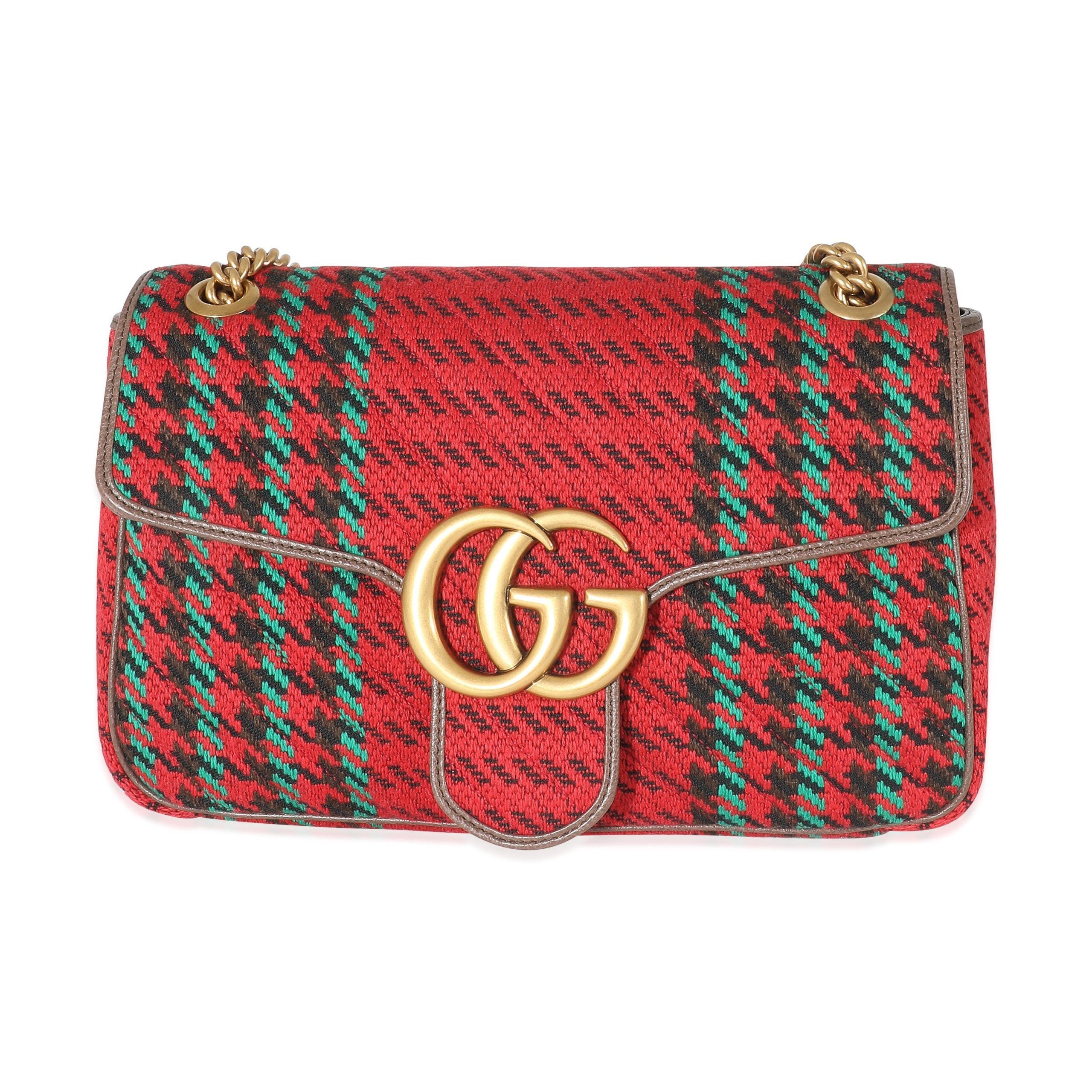image of Gucci Multicolor Houndstooth Wool Small GG Marmont Shoulder Bag in Red, Women's