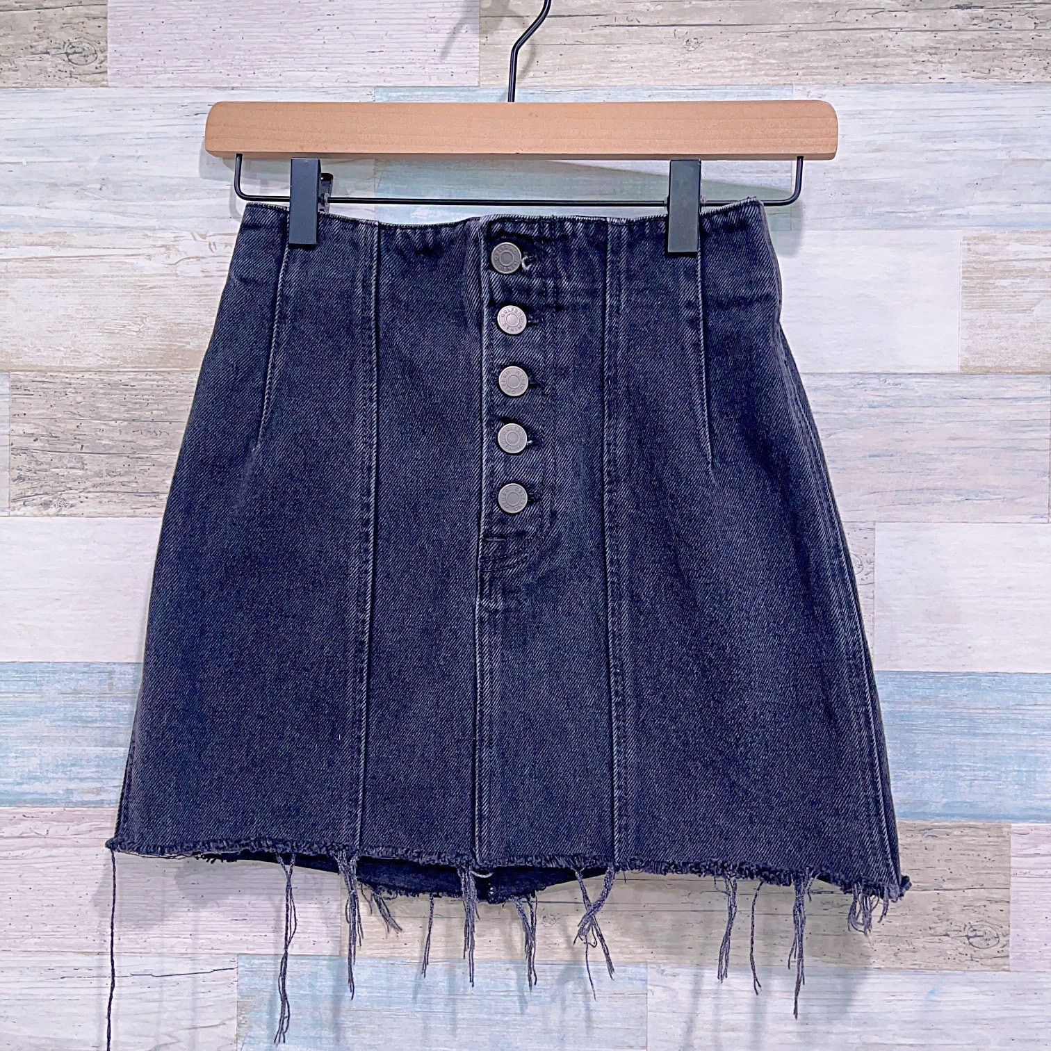 GRLFRND GRLFRND Twiggy Denim Mini Skirt Black Up All Night Button 24 Size 24" / US 00 / IT 34 - 1 Thumbnail