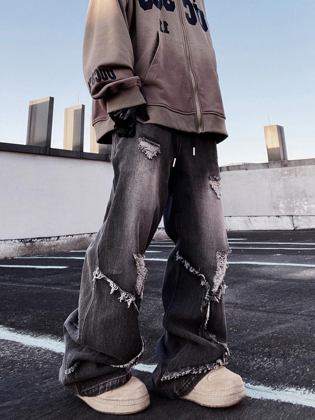 Japanese Brand Distressed Baggy Wide Leg Denim Jeans, Ripped Jeans Size US 32 / EU 48 - 2 Thumbnail