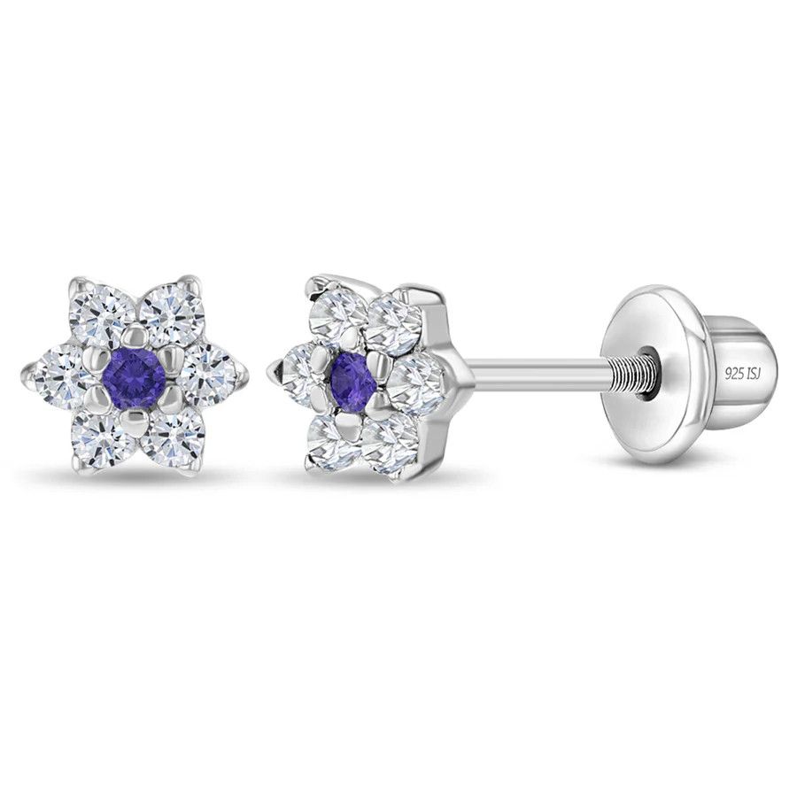 Other CZ Cluster Flower Purple & Clear Earrings - Sterling Silver Size ONE SIZE - 1 Thumbnail