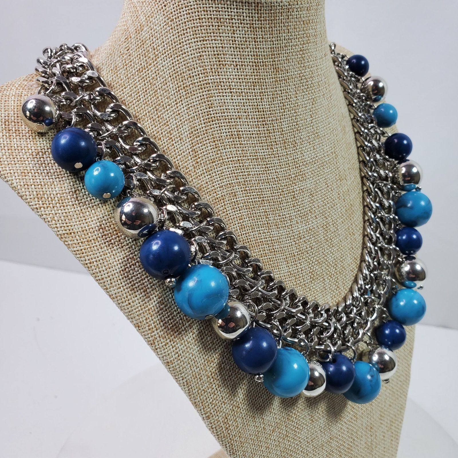 The Unbranded Brand Meshed Chain Necklace Silver Tone w/ Blue Beads 18 Inch Size ONE SIZE - 2 Thumbnail
