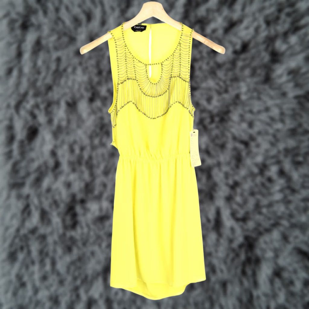 bebe neon dress BEBE Dress Women's SMALL Sleeveless Beaded Neon Yellow