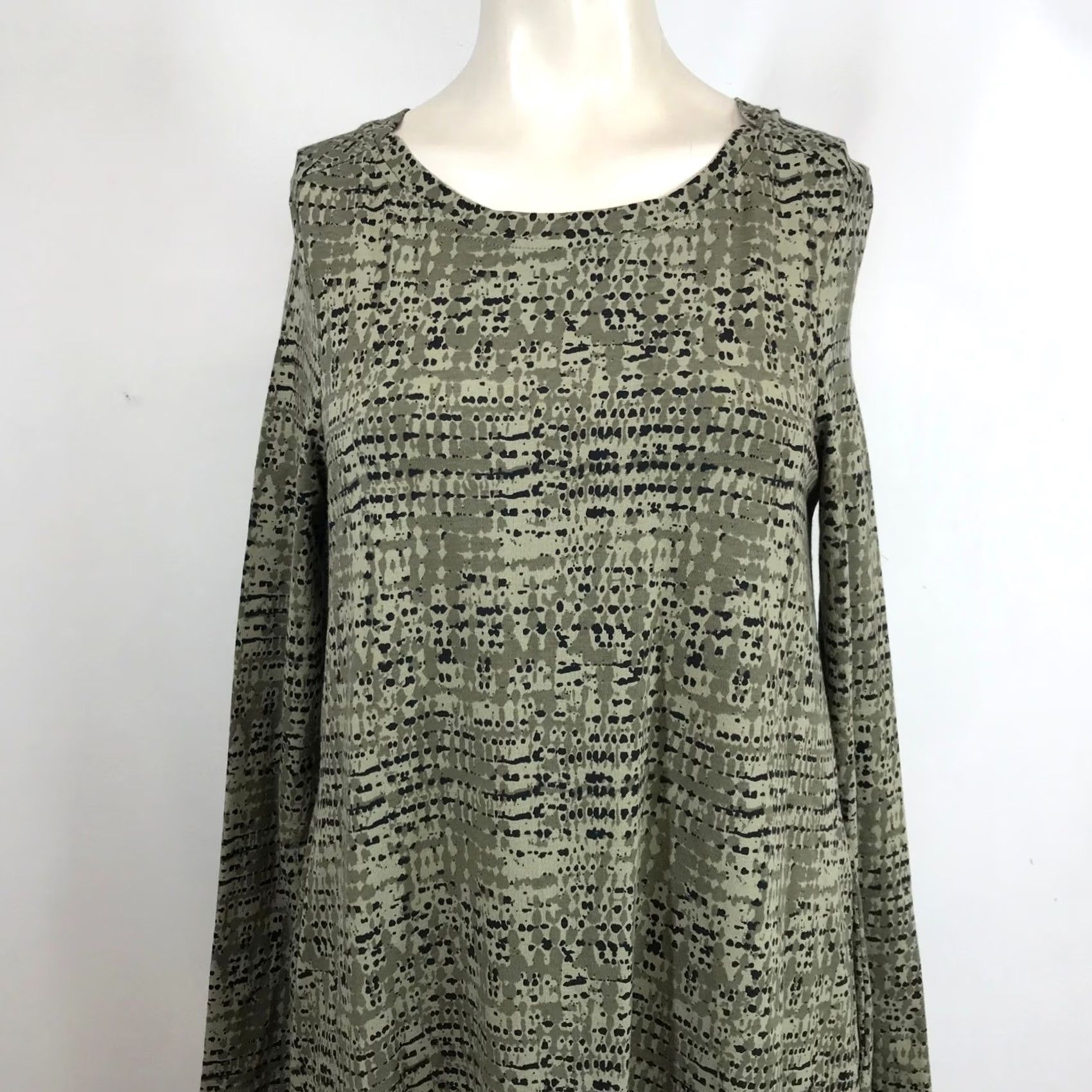 Vintage Pact Organic Cotton Long Sleeve Shift Dress Olive Green Abstract Dot Print M Size M / US 6-8 / IT 42-44 - 2 Thumbnail