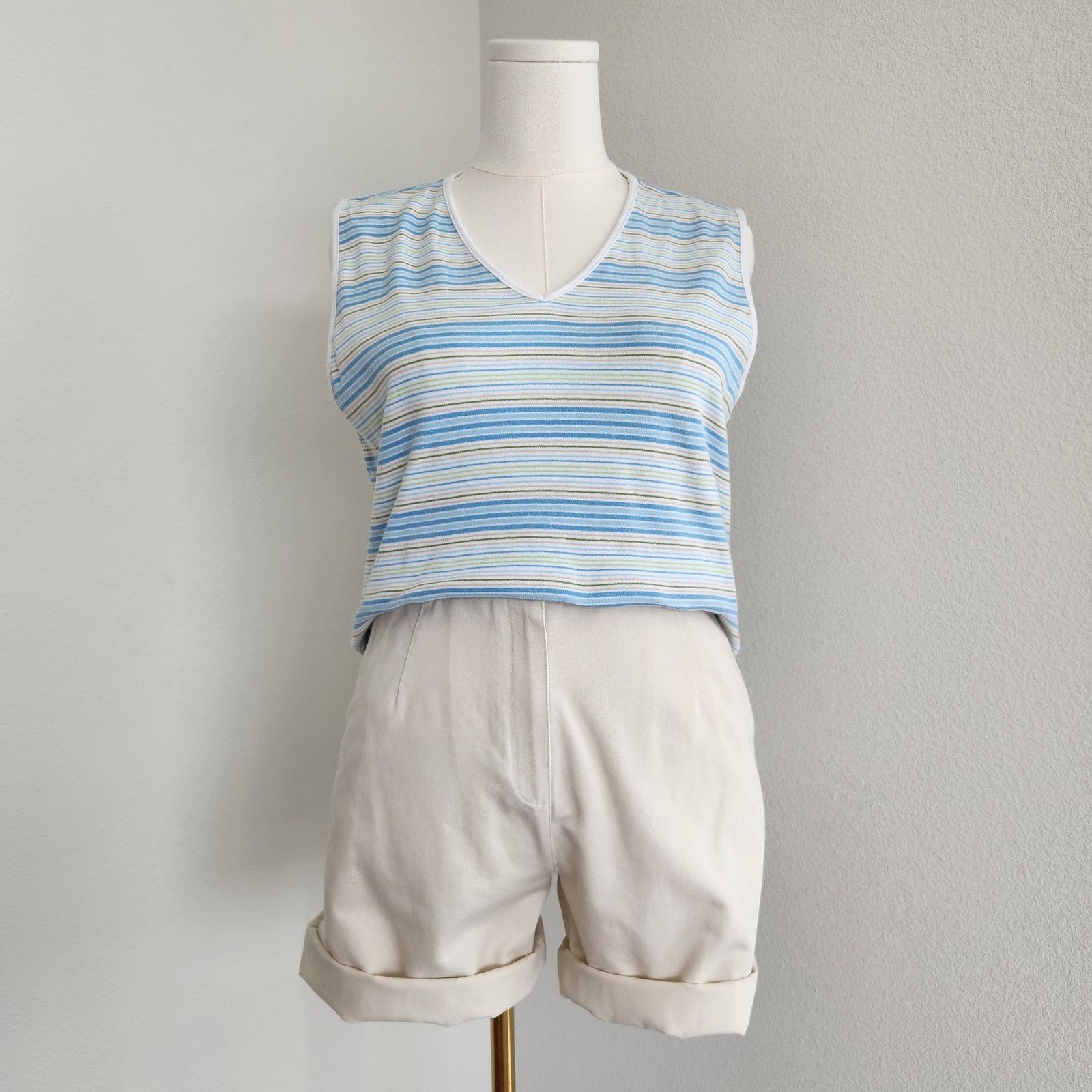 Vintage Y2K White Blue Green Stripe Knit Cotton Tank Top M Size M / US 6-8 / IT 42-44 - 1 Thumbnail