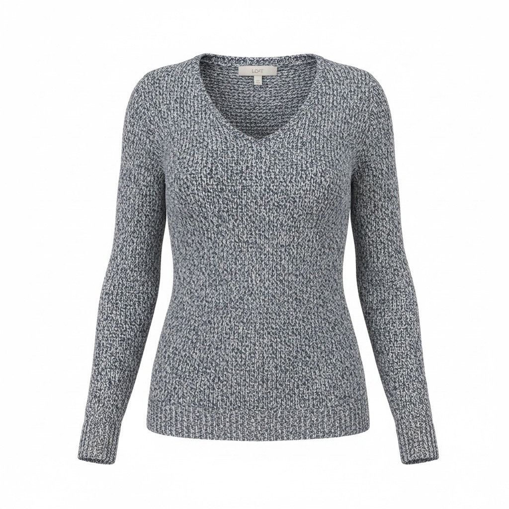 Loft LOFT XS Blue White Marled Knit Sweater V-Neck Long Sleeve Size XS / US 0-2 / IT 36-38 - 1 Thumbnail