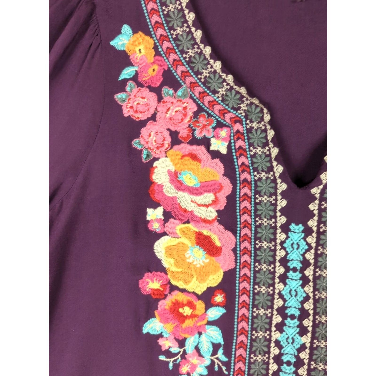 Vintage Andree By Unit Blouse Purple Floral Embroidered 3/4 Bell Sleeve V-Neck M Bohemian Adults Womens Shirt Top Size M / US 6-8 / IT 42-44 - 2 Thumbnail