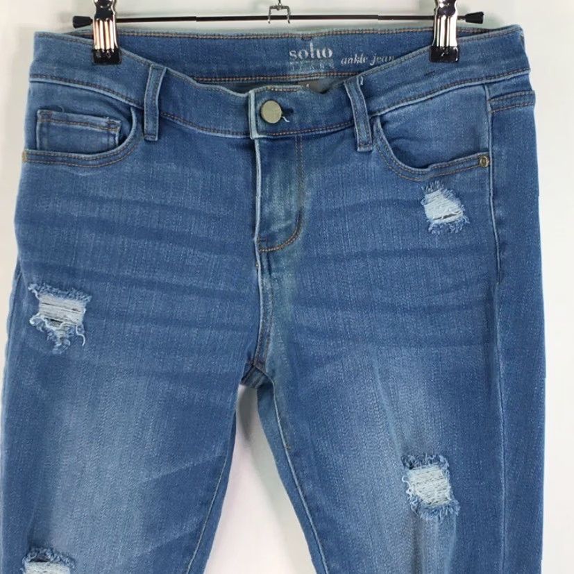 Denime Soho Womens Jeans Cropped Blue Distressed Low Rise Pockets Whiskered Denim 4 Size 27" / US 4 / IT 40 - 7 Thumbnail