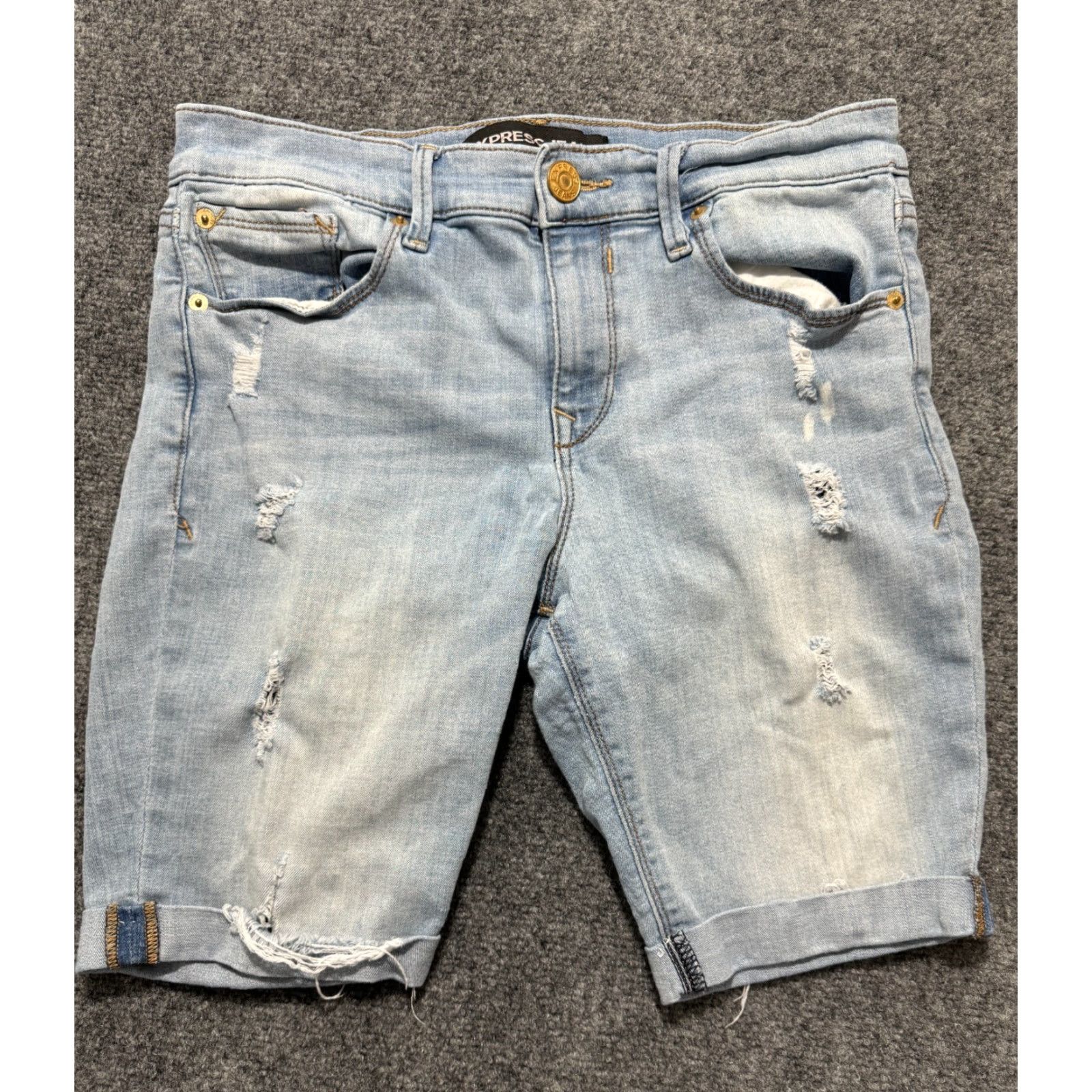 Express Express Women's Jeans Shorts 30×8 Blue Distressed Cuffed Stretch Jorts Cut-Off Size 29" - 2 Thumbnail