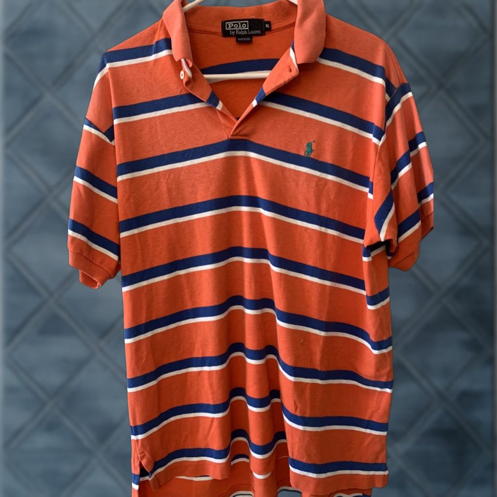 Polo Ralph Lauren VINTAGE Polo Ralph Lauren Shirt XL Collared USA Made Salmon Pink Blue Striped Polo Size US XL / EU 56 / 4 - 1 Thumbnail