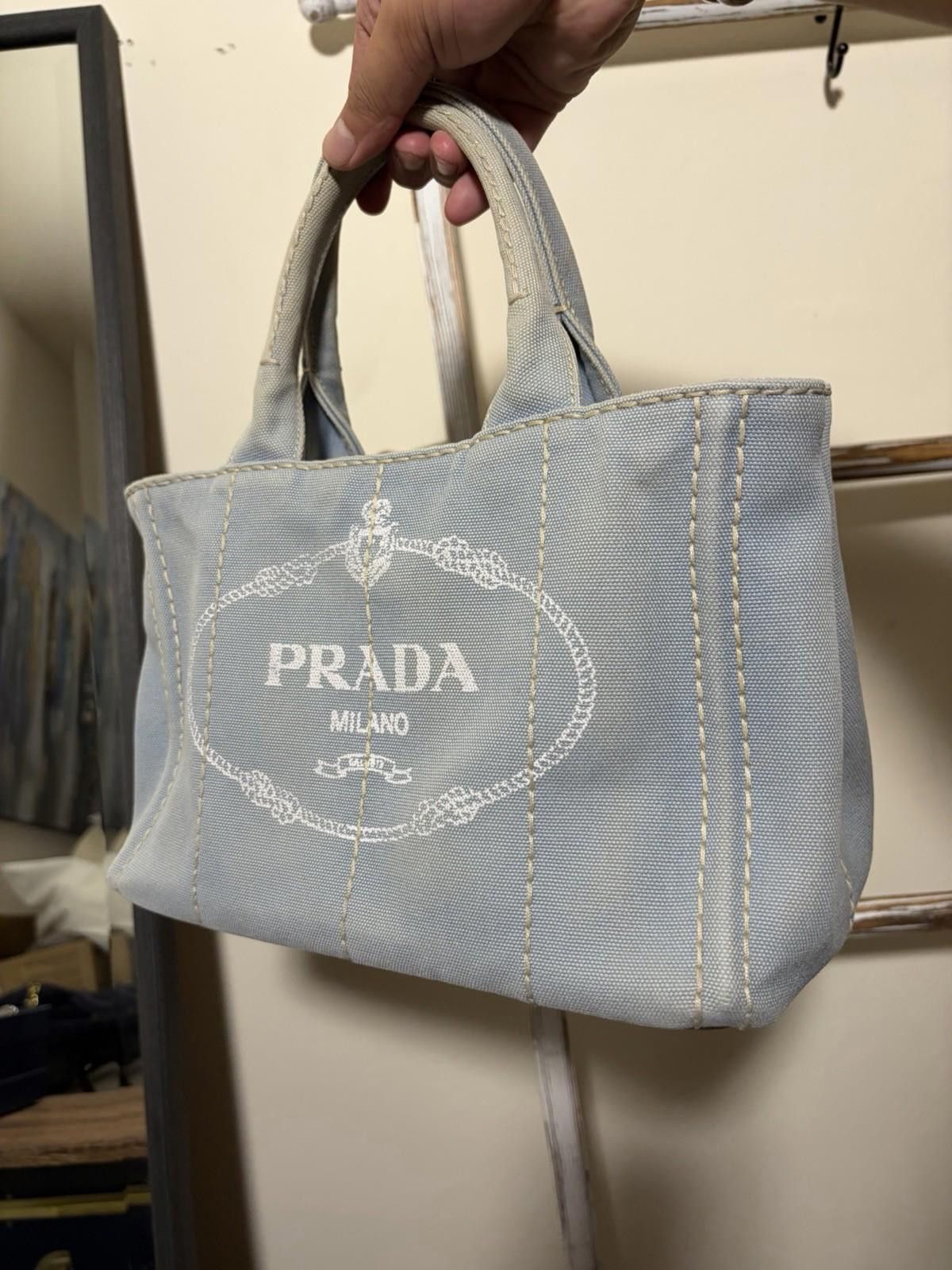 Prada Prada Canapa Light Blue Canvas Hand Tote Bag W Strap/Card Size ONE SIZE - 2 Thumbnail