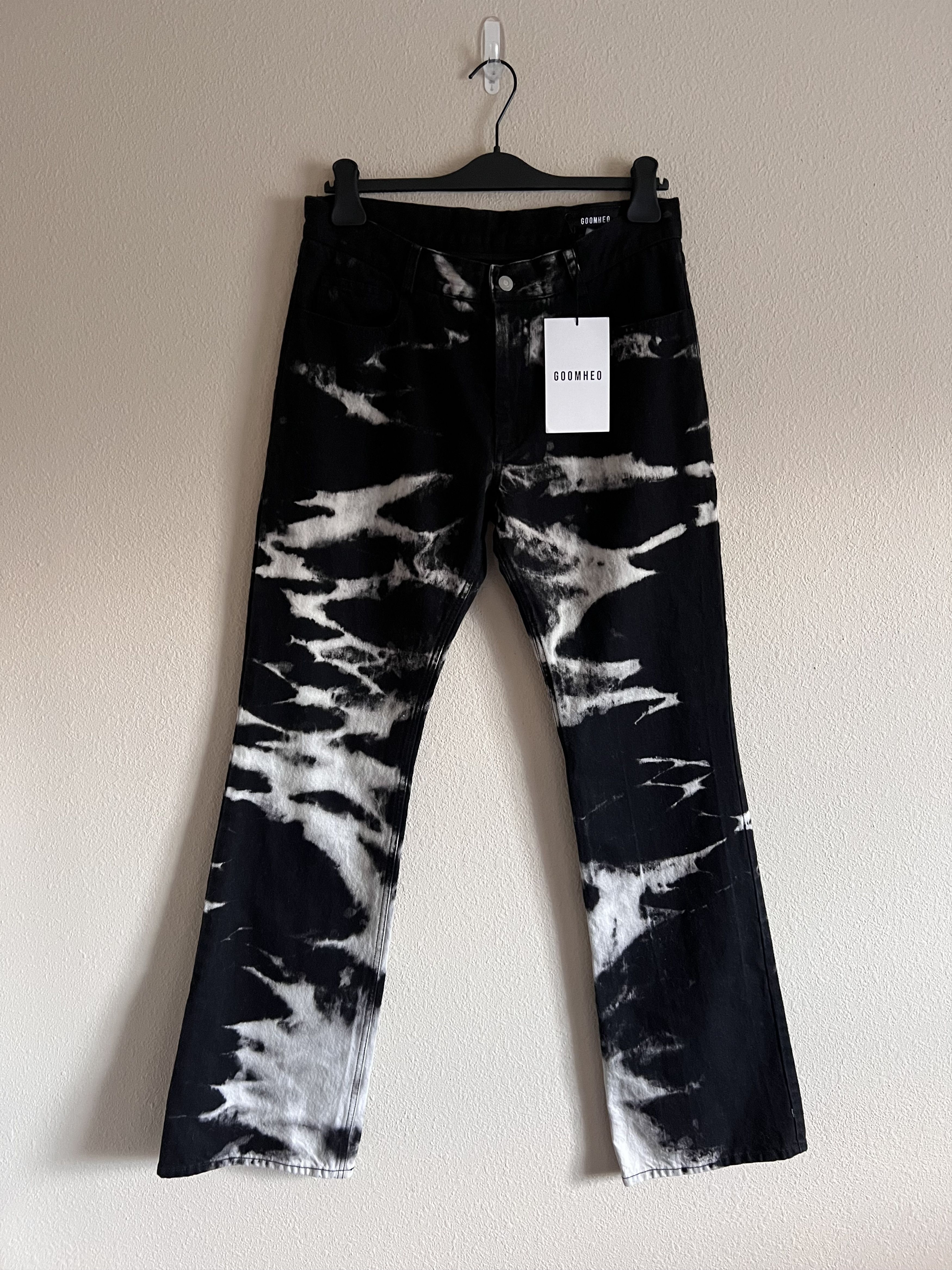 image of Avant Garde Goomheo Dystopian Beach Black And White Bootcut Jeans, Men's (Size 32)