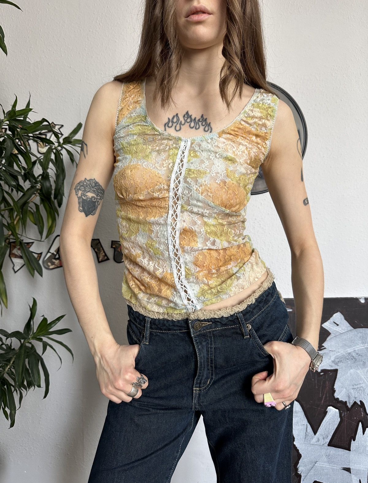 Vintage Vintage Fairy Core Mesh Lace Up Floral Pattern Blouse Size M / US 6-8 / IT 42-44 - 2 Thumbnail