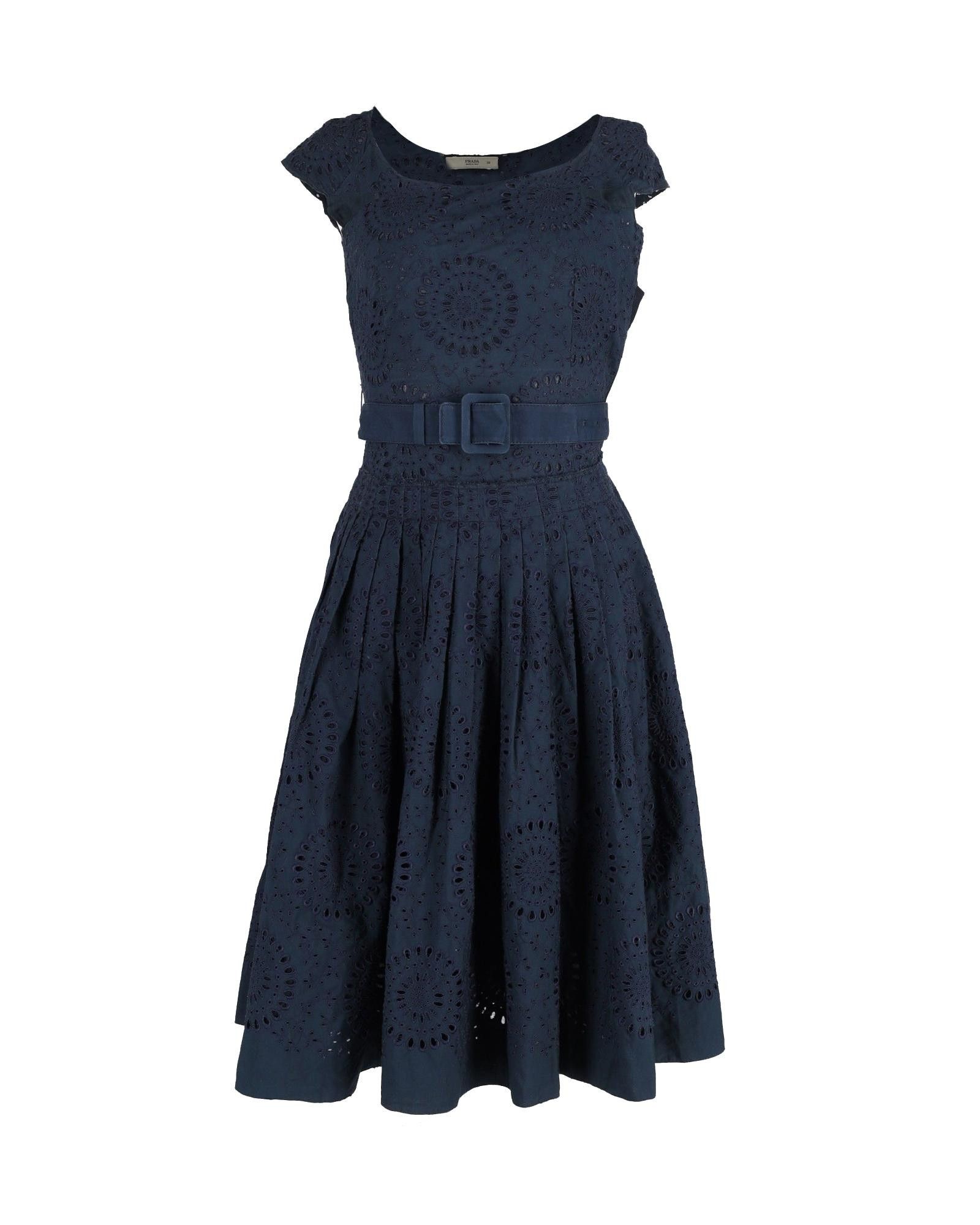 image of Prada Navy Blue Broderie Anglaise Belted Dress in Blue/Navy Blue, Women's (Size XS)