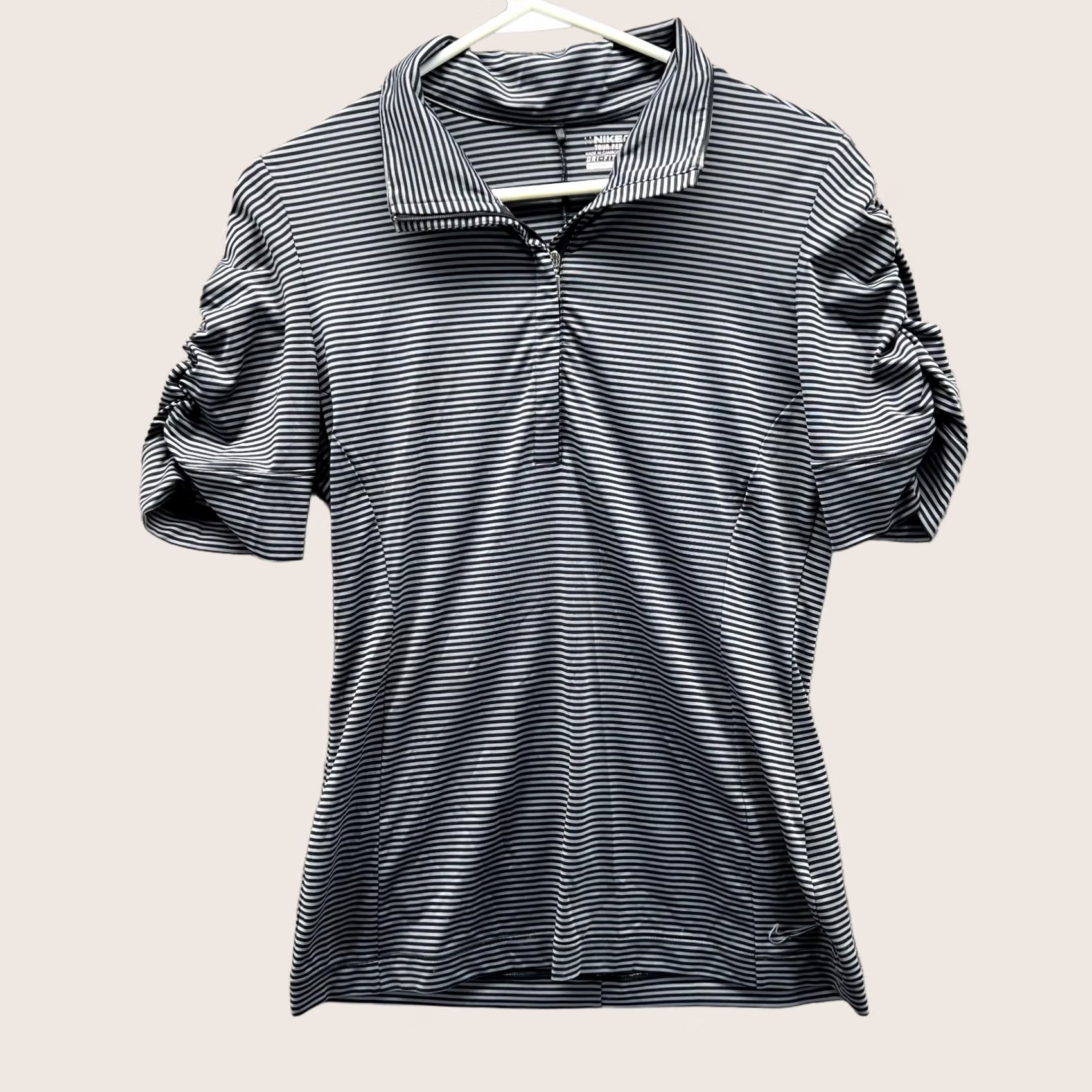 Nike VINTAGE Nike Polo Shirt Womens Small Black Gray Striped Dri-Fit Tour Performance Swoosh Polo Golf Mens Womens Girls Size S / US 4 / IT 40 - 1 Thumbnail