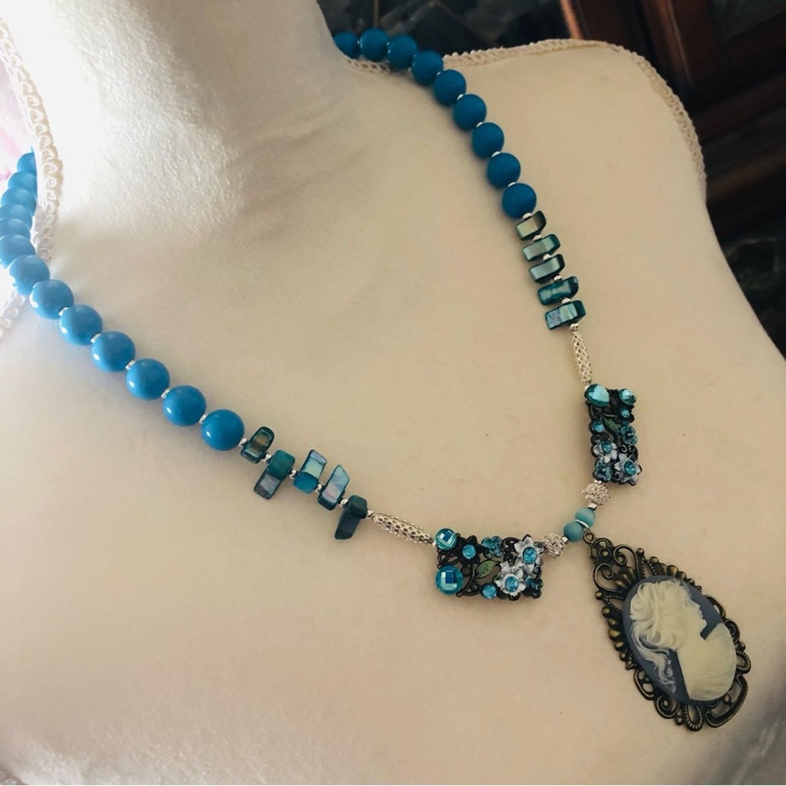 Handmade Handcrafted lady in blue mixed bead filigree cameo necklac Size ONE SIZE - 4 Thumbnail
