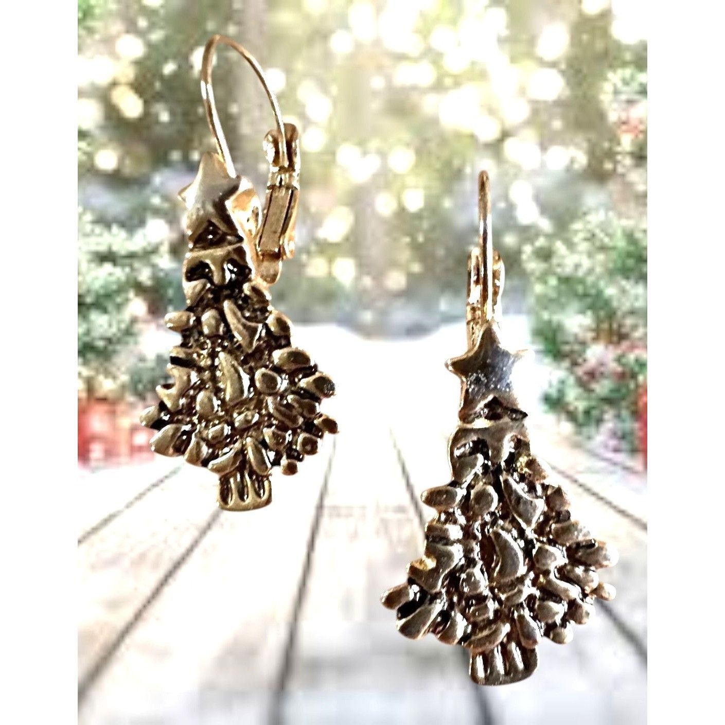 Handmade Vintage Christmas Tree Earrings Star Topper Gold Tone Eurowi Size ONE SIZE - 2 Thumbnail