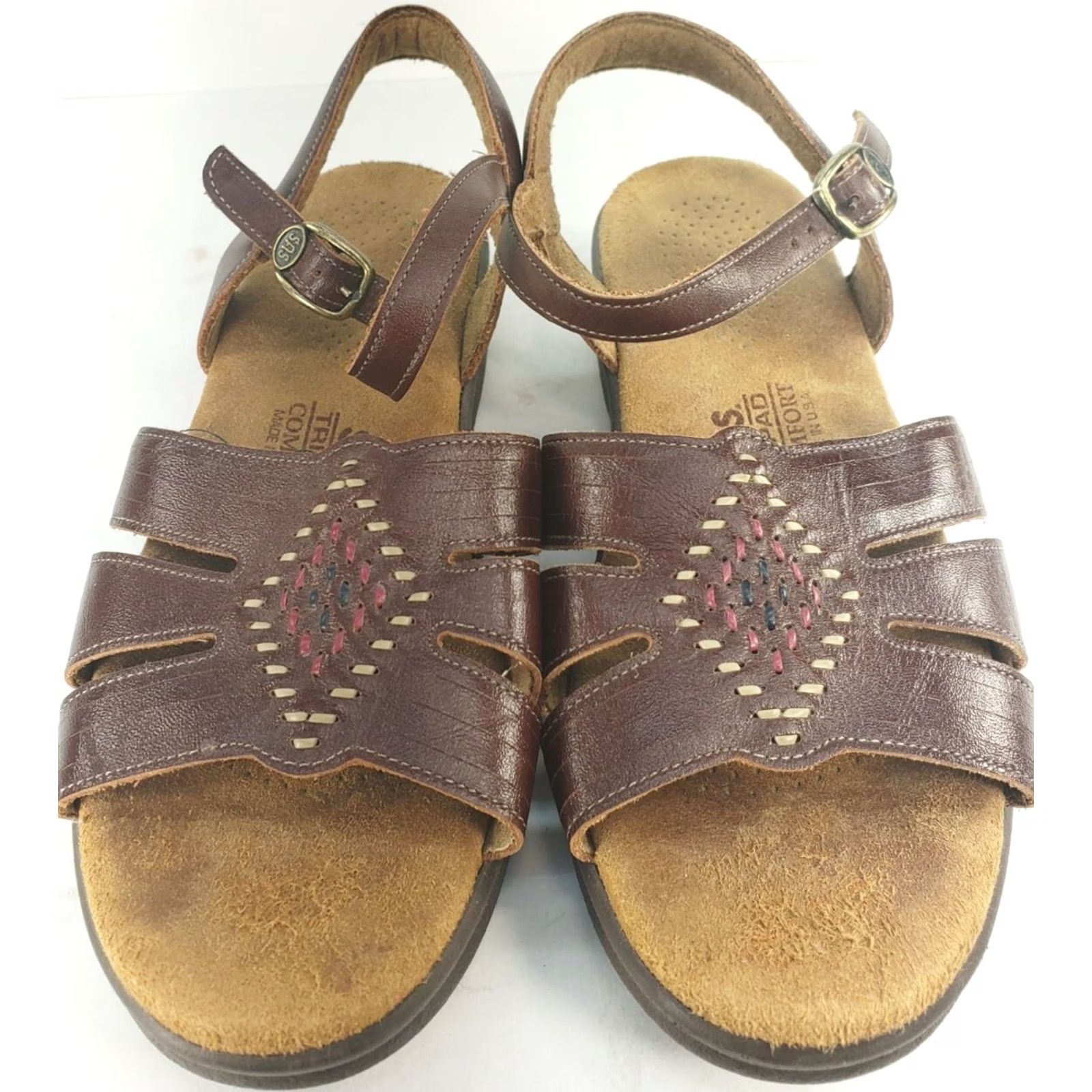 SAS SAS Sandals Brown Leather Open Toe Buckle Size 6.5W Diamond Weave Casual Comfort Women Tripad Size US 7 / IT 37 - 3 Thumbnail