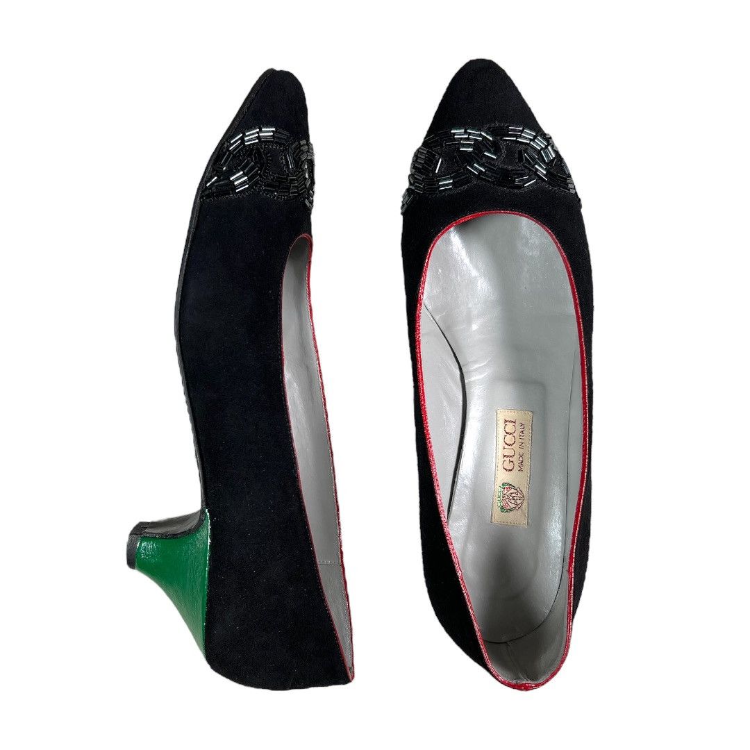 image of Gucci Suede Black Red Green Embellished Kitten Heel Shoes Size 4, Women's
