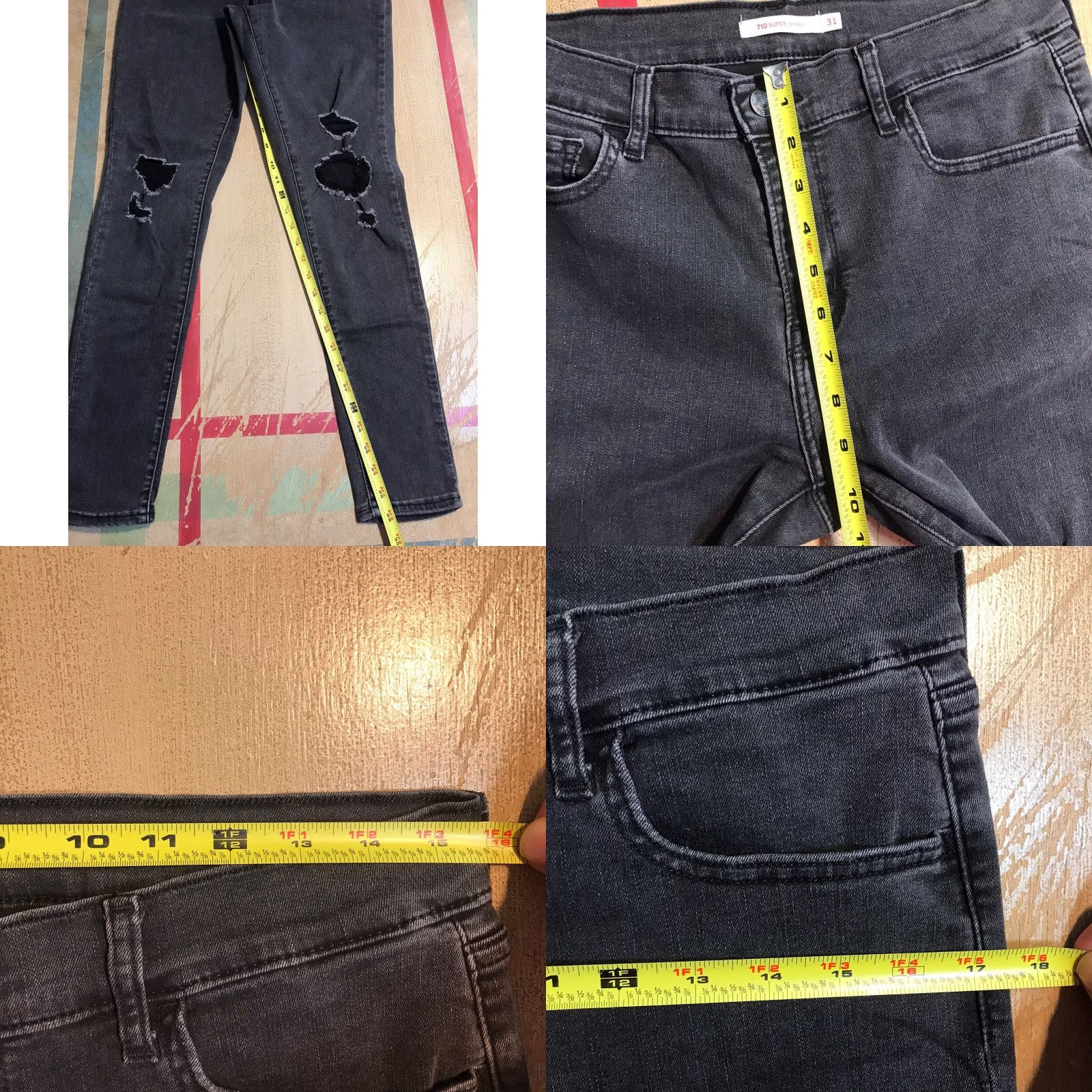 Levi's Levi's 710 Super Skinny Jeans Womens Black Distressed 31 Inseam 29 Inseam 5-Pocket Zip Belt Loops Slim Cotton Blend Denim Jeans Size 24" / US 00 / IT 34 - 9 Thumbnail