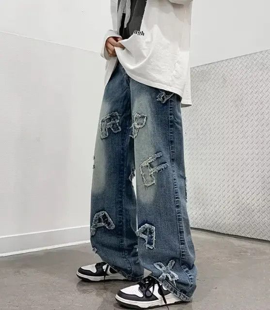 Japanese Brand American high street hiphop loose patch design washed jeans Size US 32 / EU 48 - 2 Thumbnail