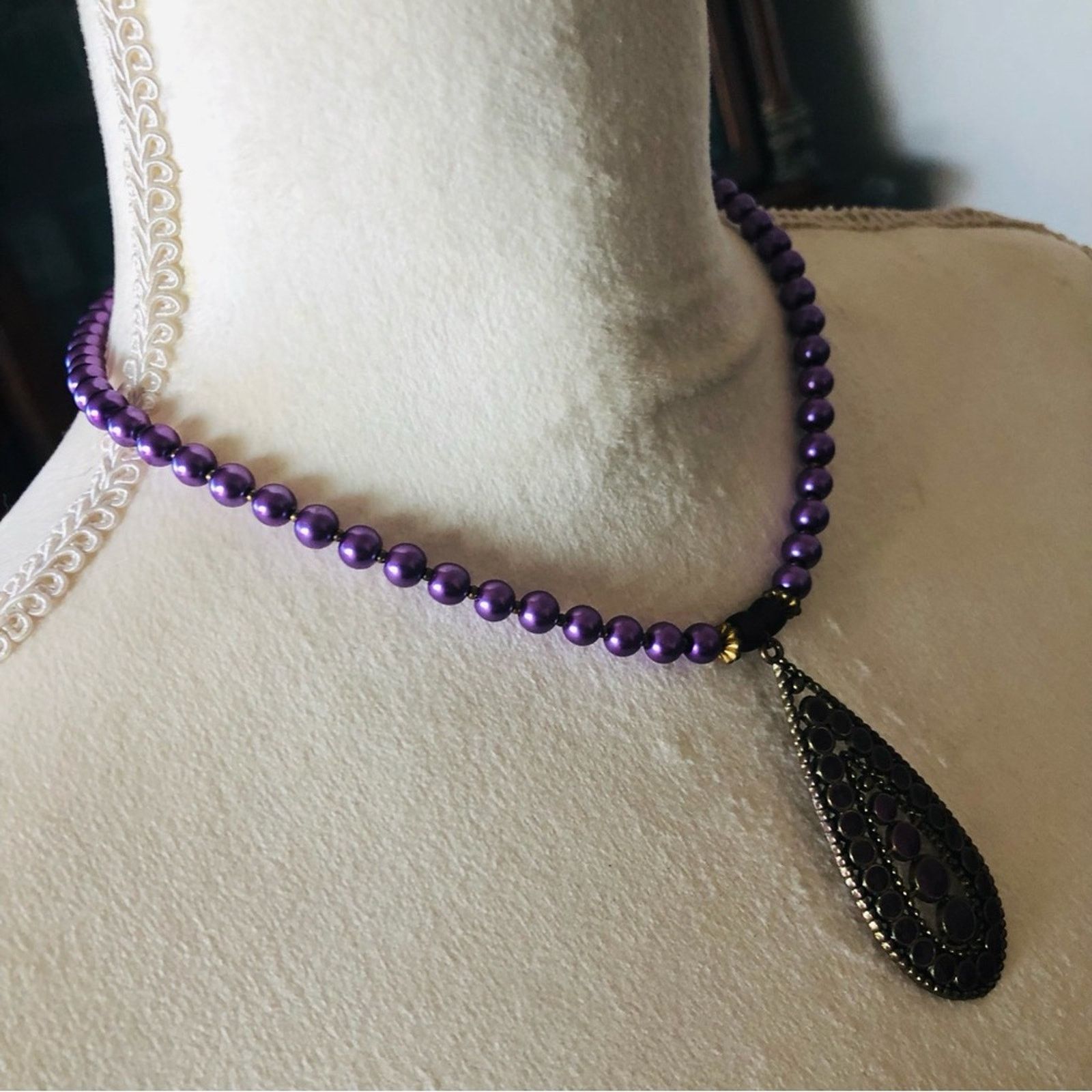 Handmade Handcrafted repurpose purple enamel raindrop Pearl necklace Size ONE SIZE - 4 Thumbnail