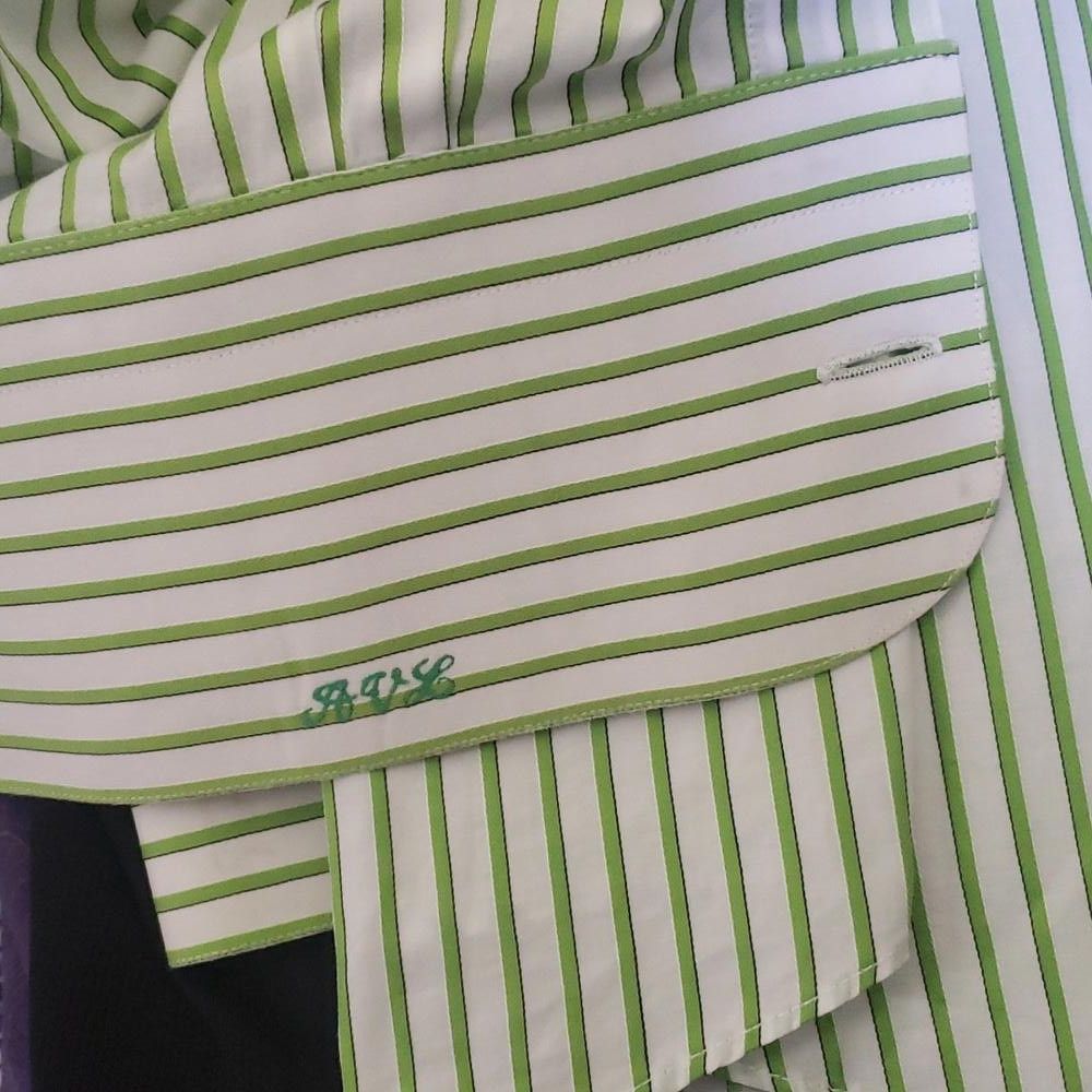 Designer CT1546 David August Green & White Striped Dress Shirt 19 Size 38R - 7 Thumbnail