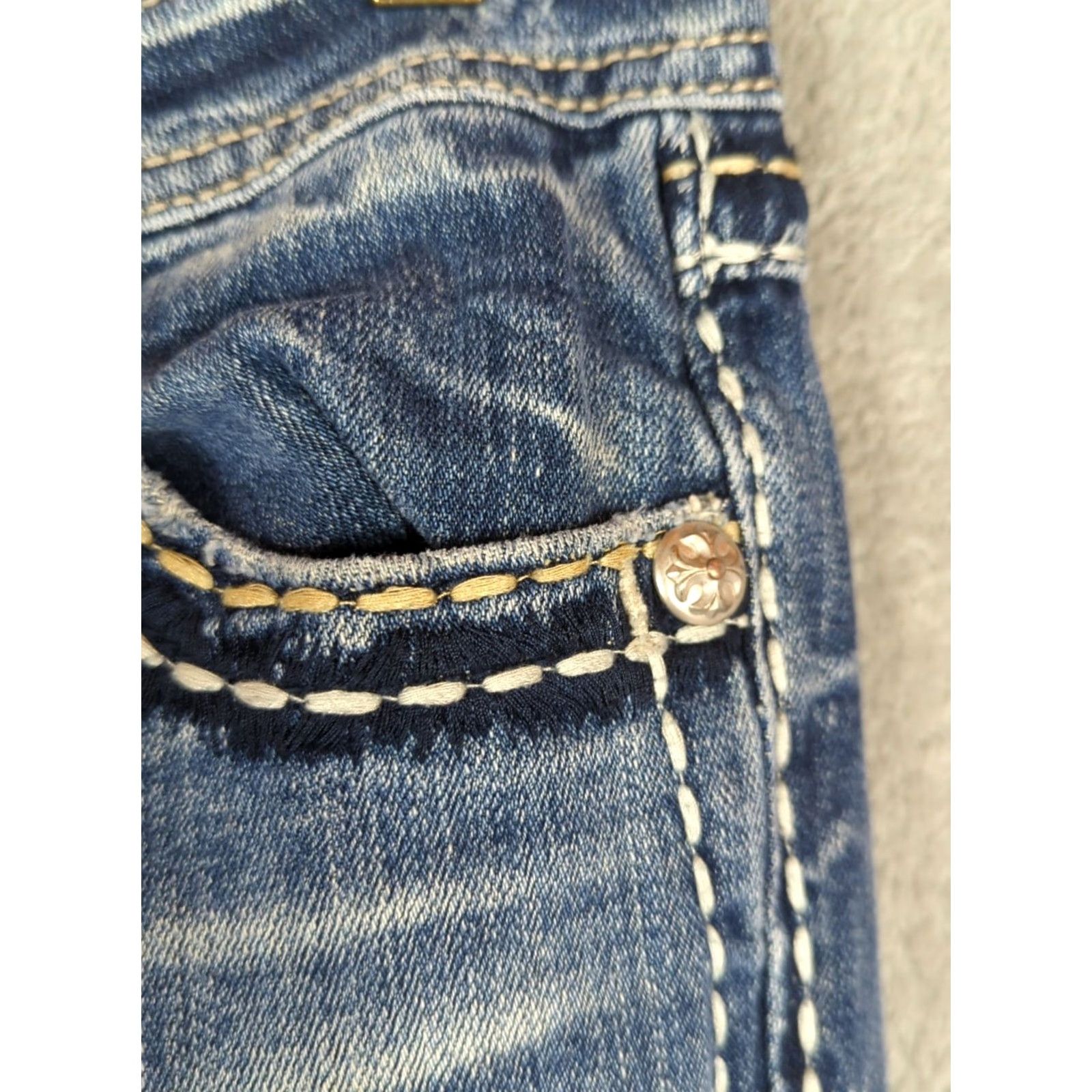 Miss Me Miss Me Jeans Womens 26 Blue Bootcut Denim Low Rise Medium Wash Rhinestone Studded Distressed Flawed Size 26" / US 2 / IT 38 - 3 Thumbnail