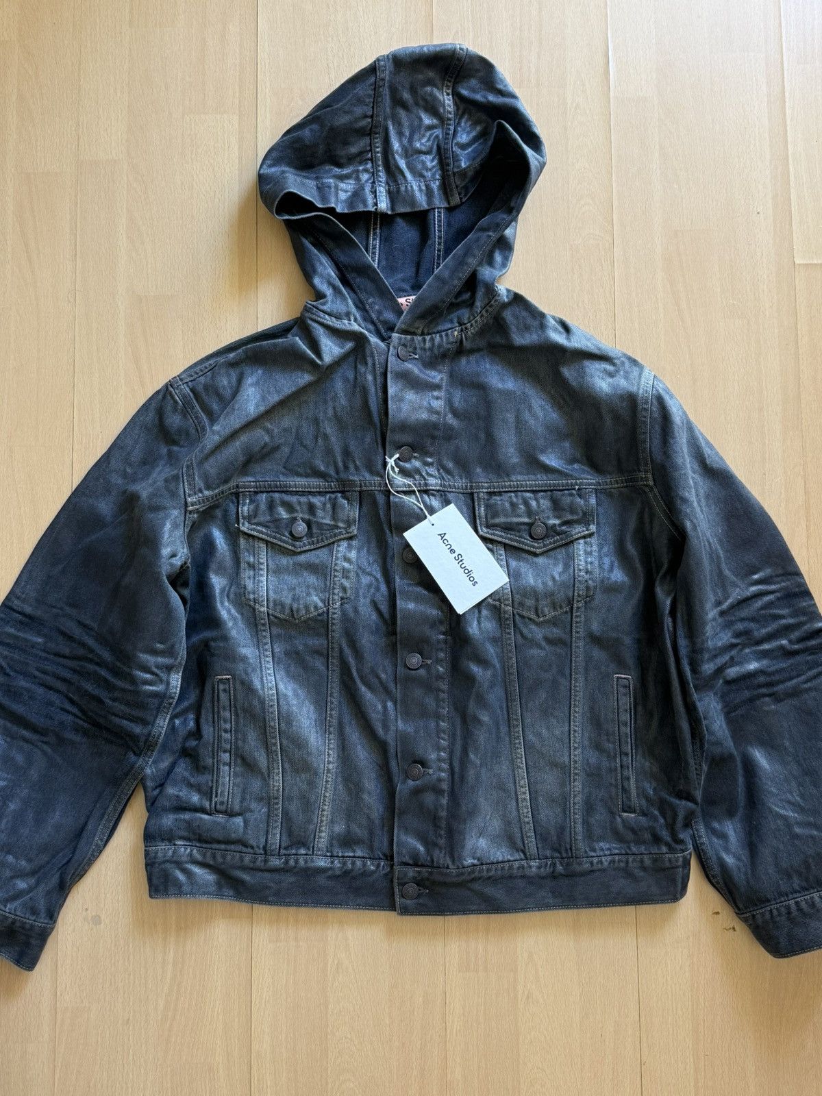 Glossy denim jacket with hood