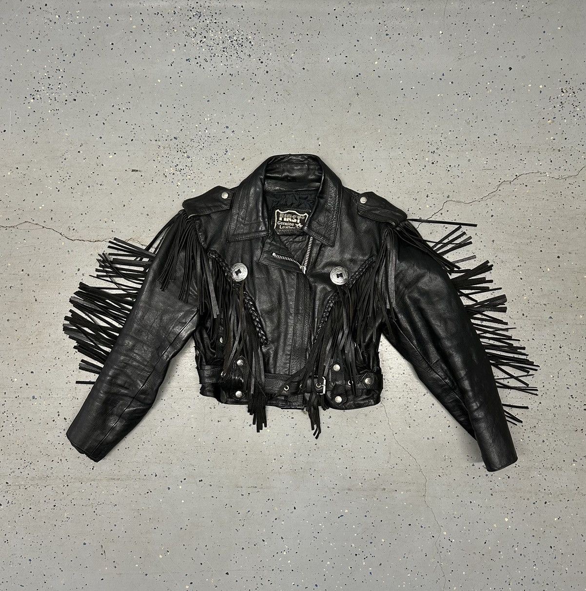 image of VTG Fringed Black Genuine Leather Motorcycle Women’S Jacket, Women's (Size Small)