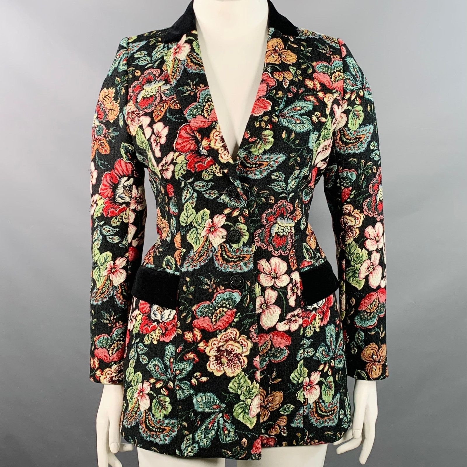 Other Saskia Black Multi Color Jacquard Velvet Trim Jacket Blazer Size M / US 6-8 / IT 42-44 - 1 Thumbnail