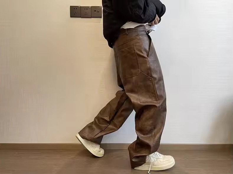 Leather Washed Brown Soft Pu Leather Pant Size US 34 / EU 50 - 10 Thumbnail
