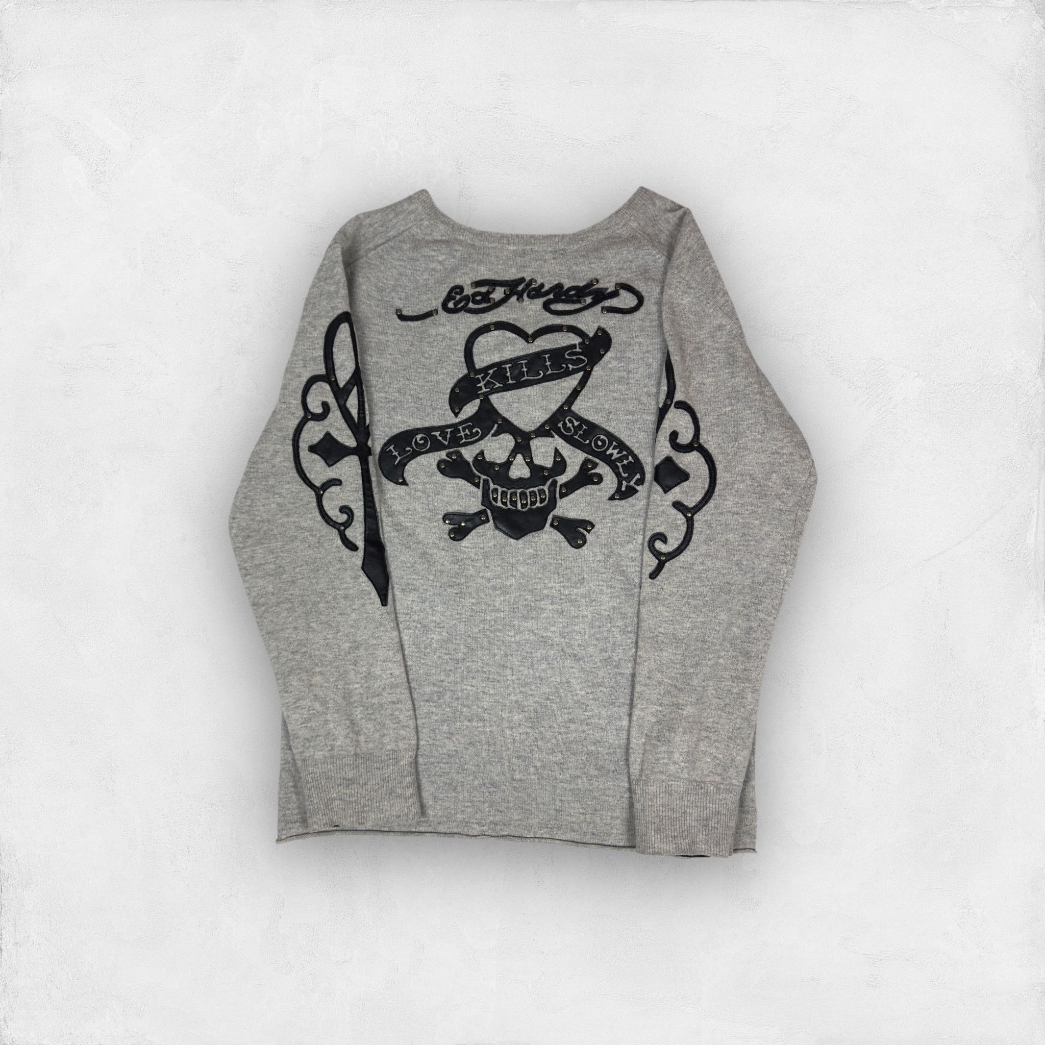 Ed Hardy × Vintage Ed Hardy Men's Gray Wool Skull Love Kills Slowly Sweater XL Size US L / EU 52-54 / 3 - 1 Thumbnail