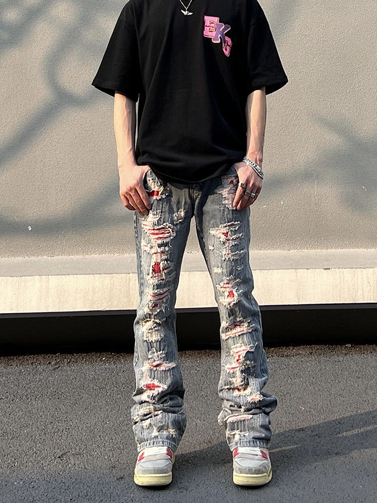 image of Vintage Embroidered Distressed Jeans in Blue, Men's (Size 32)