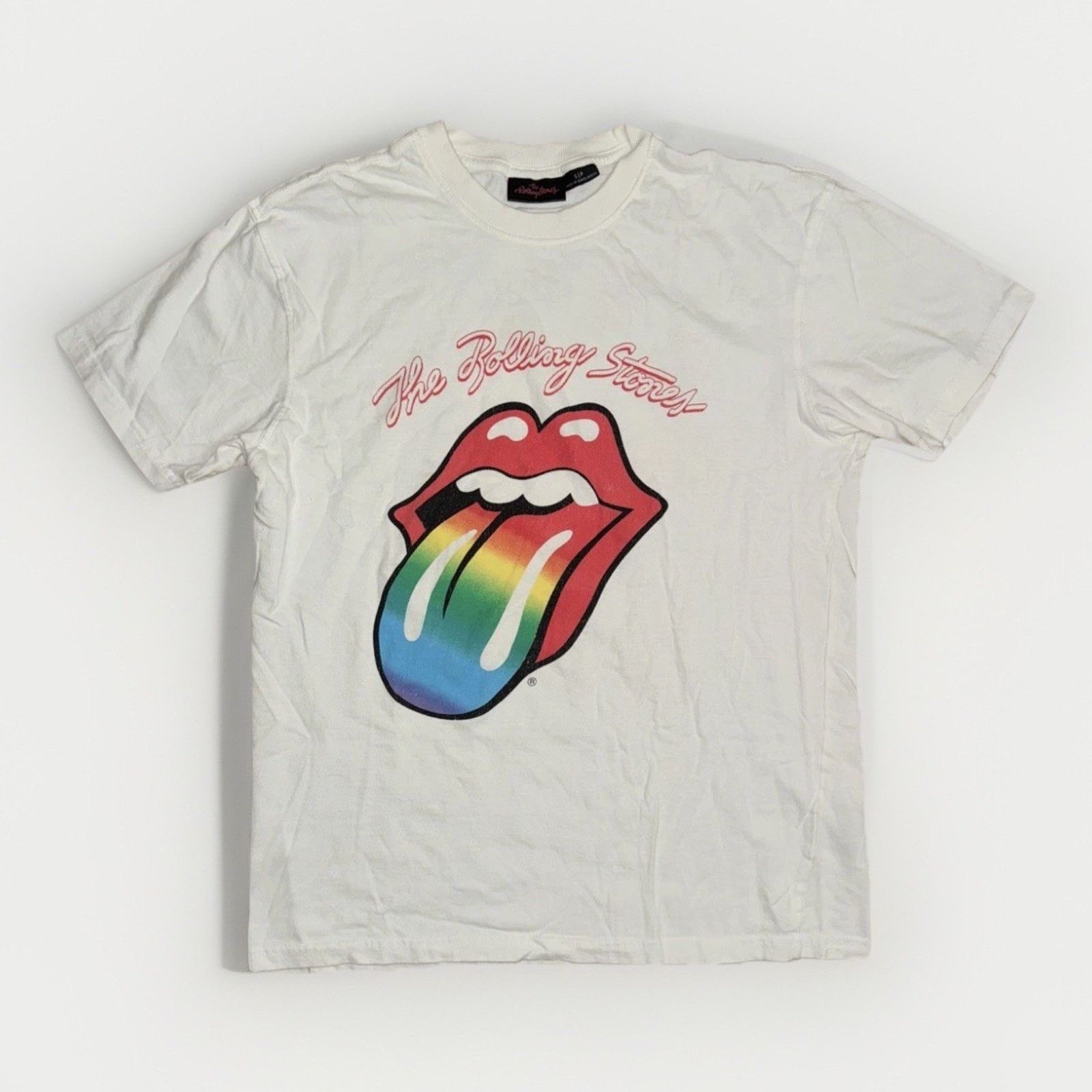 Band Tees × Vintage Rolling Stones Rainbow Tongue Graphic T-Shirt White S 19x25 Size US S / EU 44-46 / 1 - 3 Thumbnail