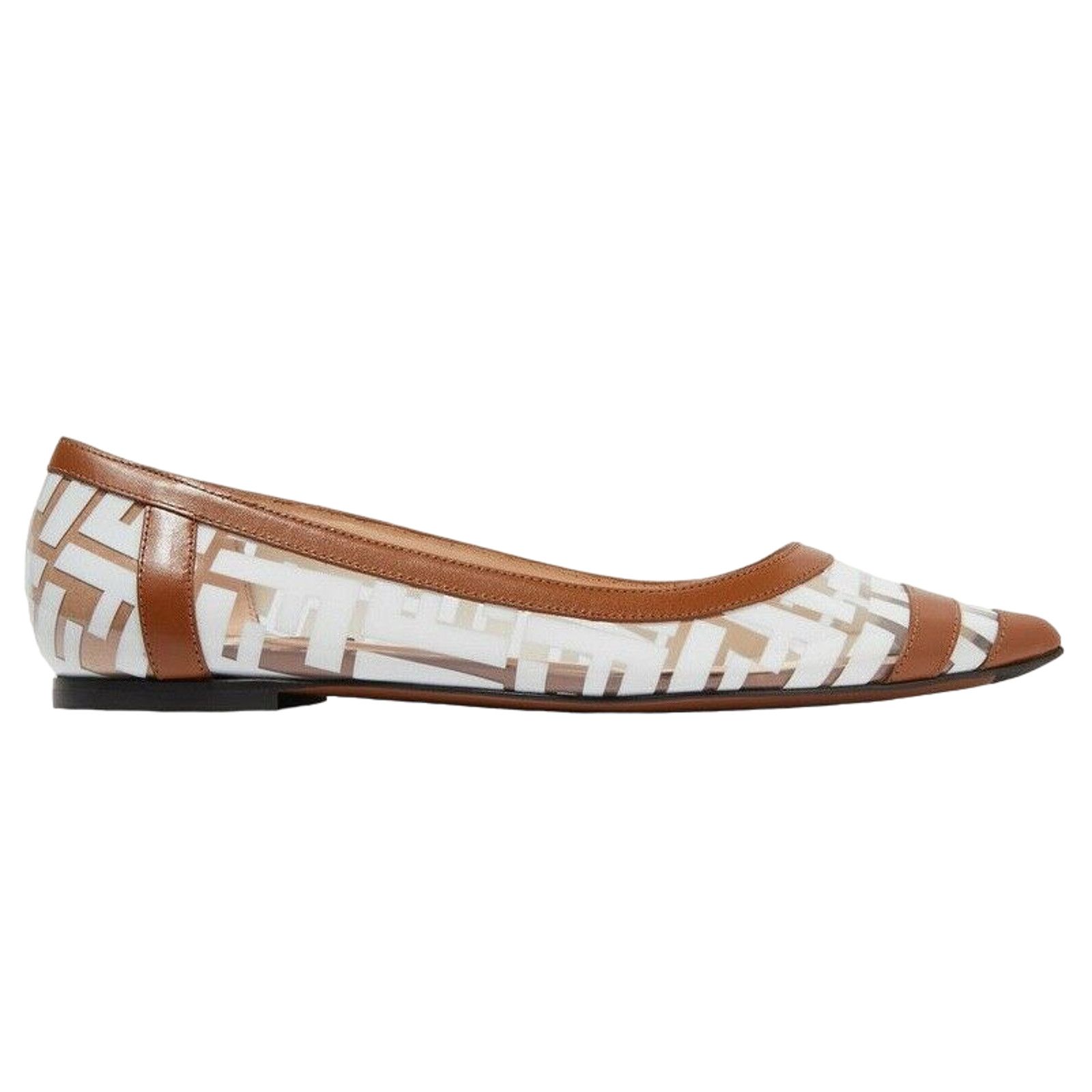 Fendi White PVC Colibri Brown Leather Pointed Ballerina