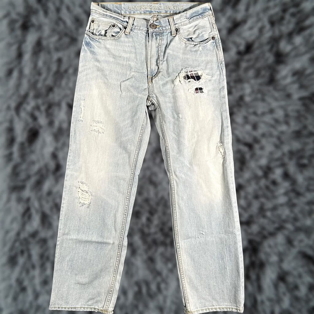 Vintage American Eagle Jeans Mens 29x29 Low Loose Relaxed Straight Distressed Blue Denim Pockets Distressed Plaid Patch Y2K Thrash Live Your Life Mens Jeans Size US 29 - 1 Thumbnail