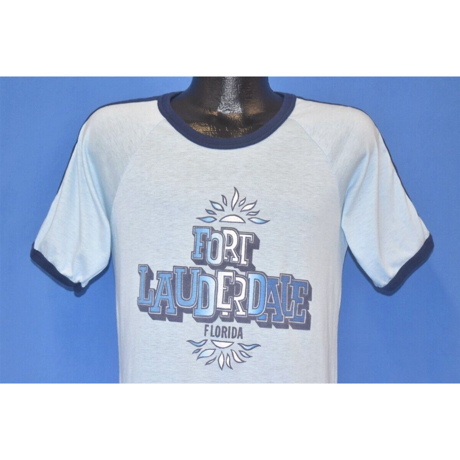 image of Vintage 70's Fort Lauderdale Florida Fl Blue Sun Jersey Ringer Stripes T-Shirt M in White (Size Med