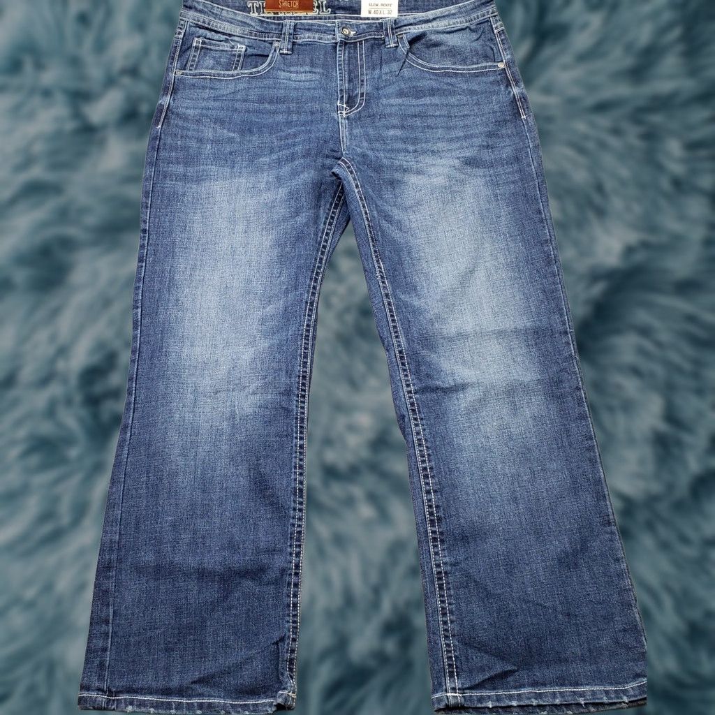 Denime Axel Slim Bootcut Jeans Men Size 40 Blue Denim Stretch Medium Wash White Stitch Size US 40 / EU 56 - 1 Thumbnail