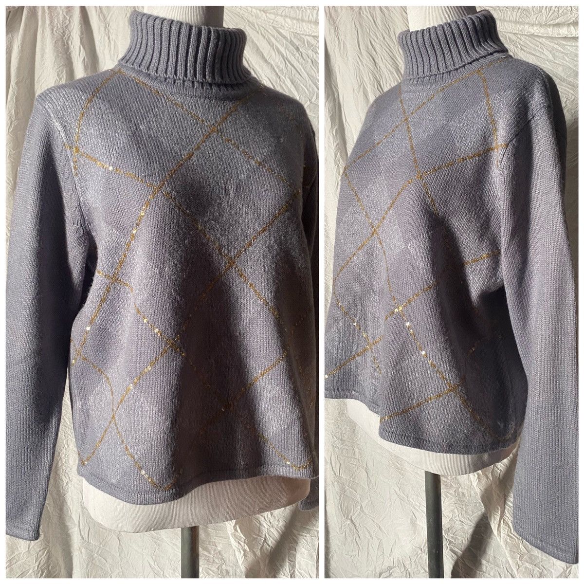 Vintage Vintage, Purple/Gray, Argyle Print, Turtleneck Knit Sweater Size S / US 4 / IT 40 - 7 Thumbnail